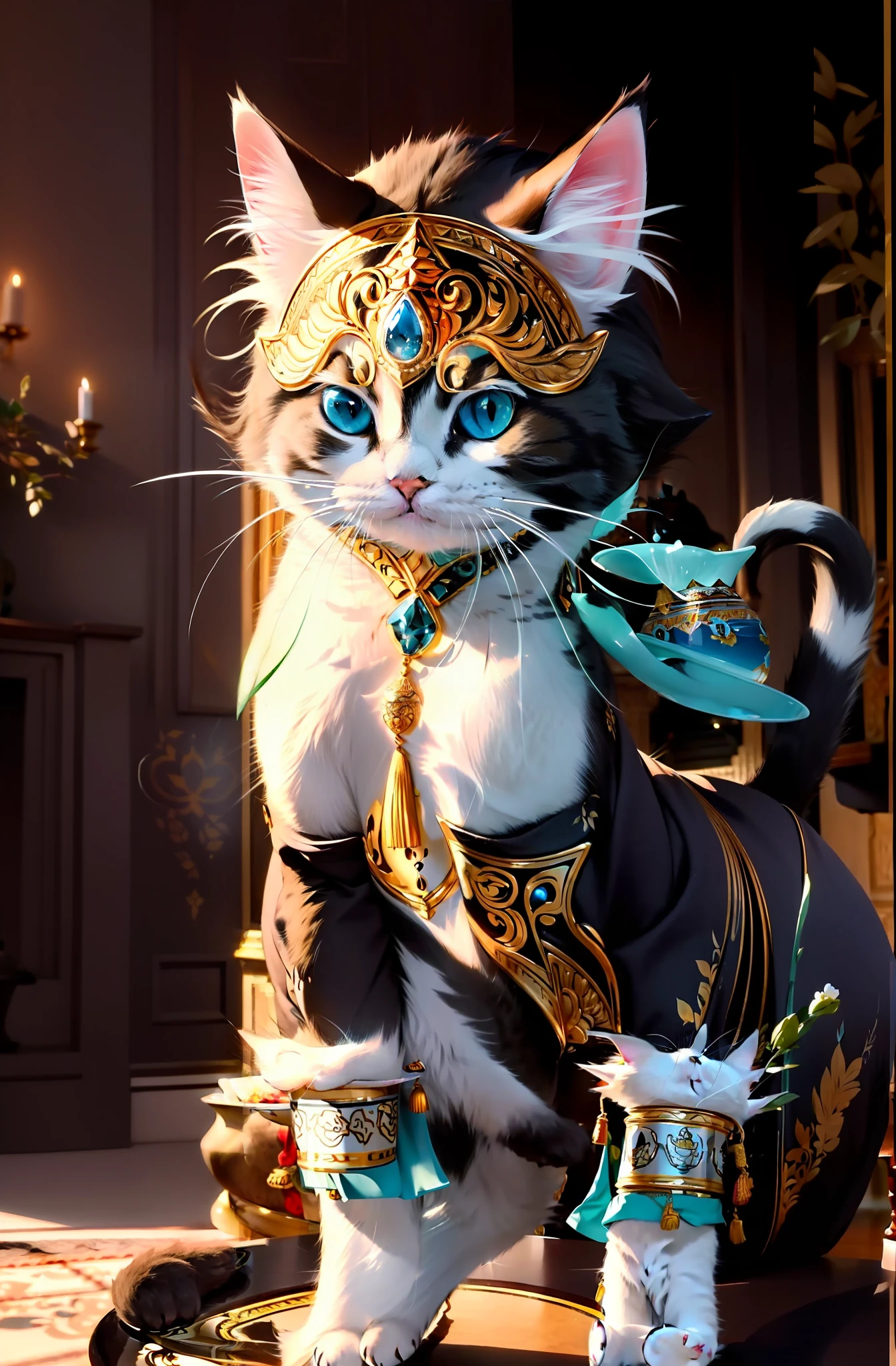 Cat, (Himalayas), (Small)))), in a cup of tea, Face, Front paws out, 8K, Professional photo, Delicate, Clear, On the table, Inside the house, Sun, Light leak, Masterpiece, ((Cute))), Fashion tea cup, (Reality), Stuffed toy, Round pupils, Blue cat, 4k