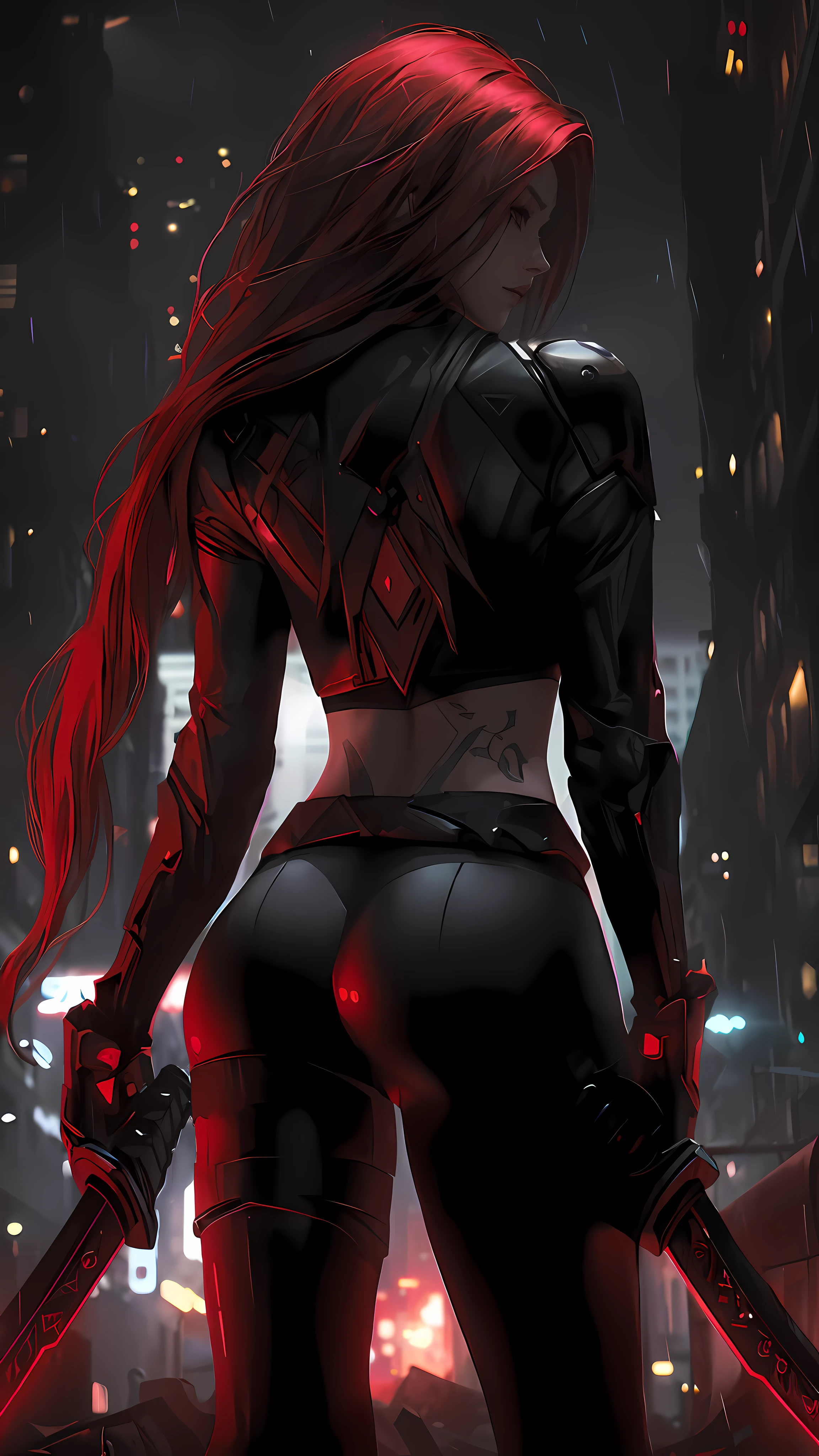 a close up of a person with a sword in a city, redhead female cyberpunk, dark cyberpunk illustration, seductive cyberpunk dark fantasy, cyberpunk 2077 rossdraws, female cyberpunk anime girl, dark cyberpunk, rossdraws 2. 0, rossdraws 1. 0, cyberpunk dark fantasy art, cyberpunk woman, cyberpunk girl, anime cyberpunk art, cyberpunk anime girl