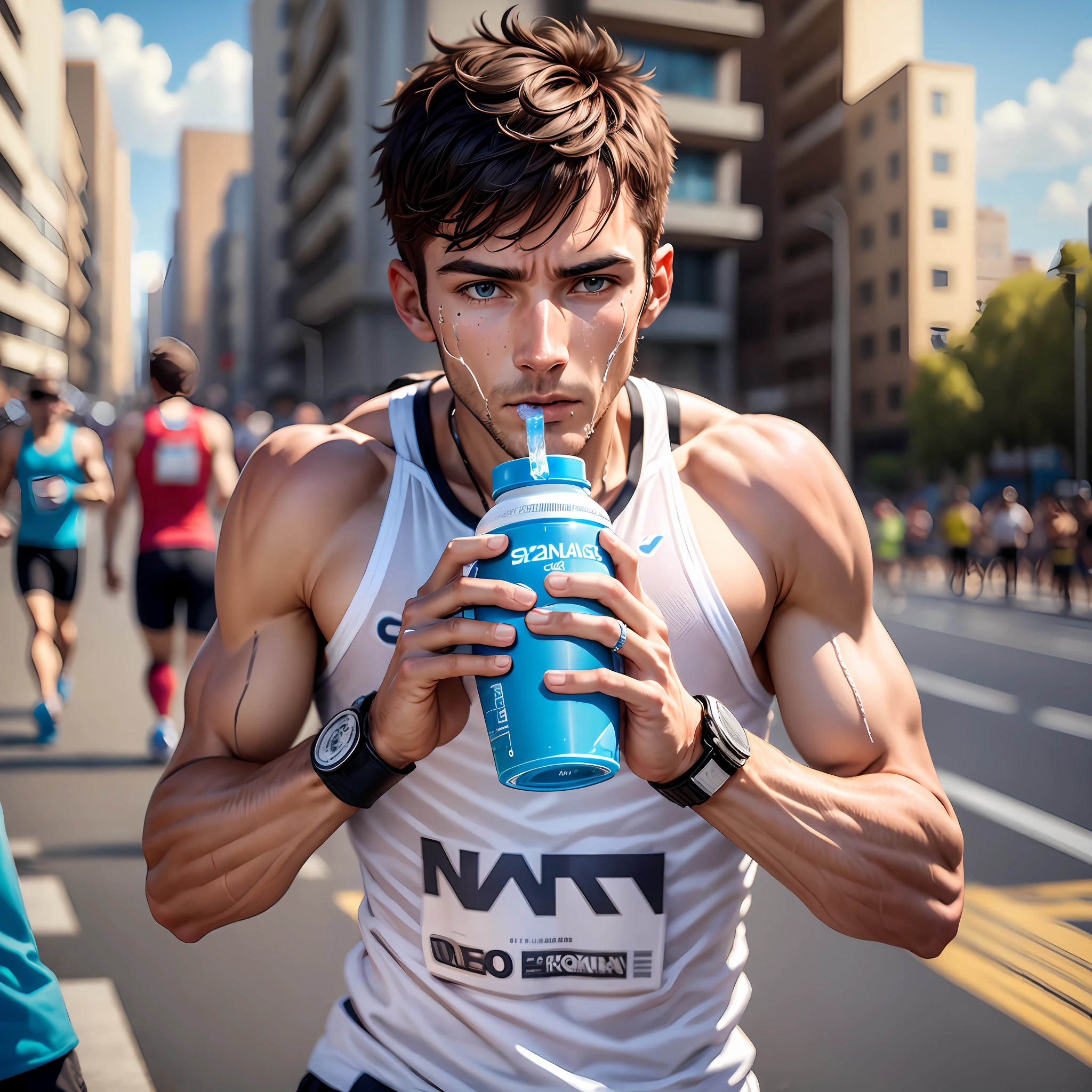 Tired male marathon runner drinking water --auto --s2