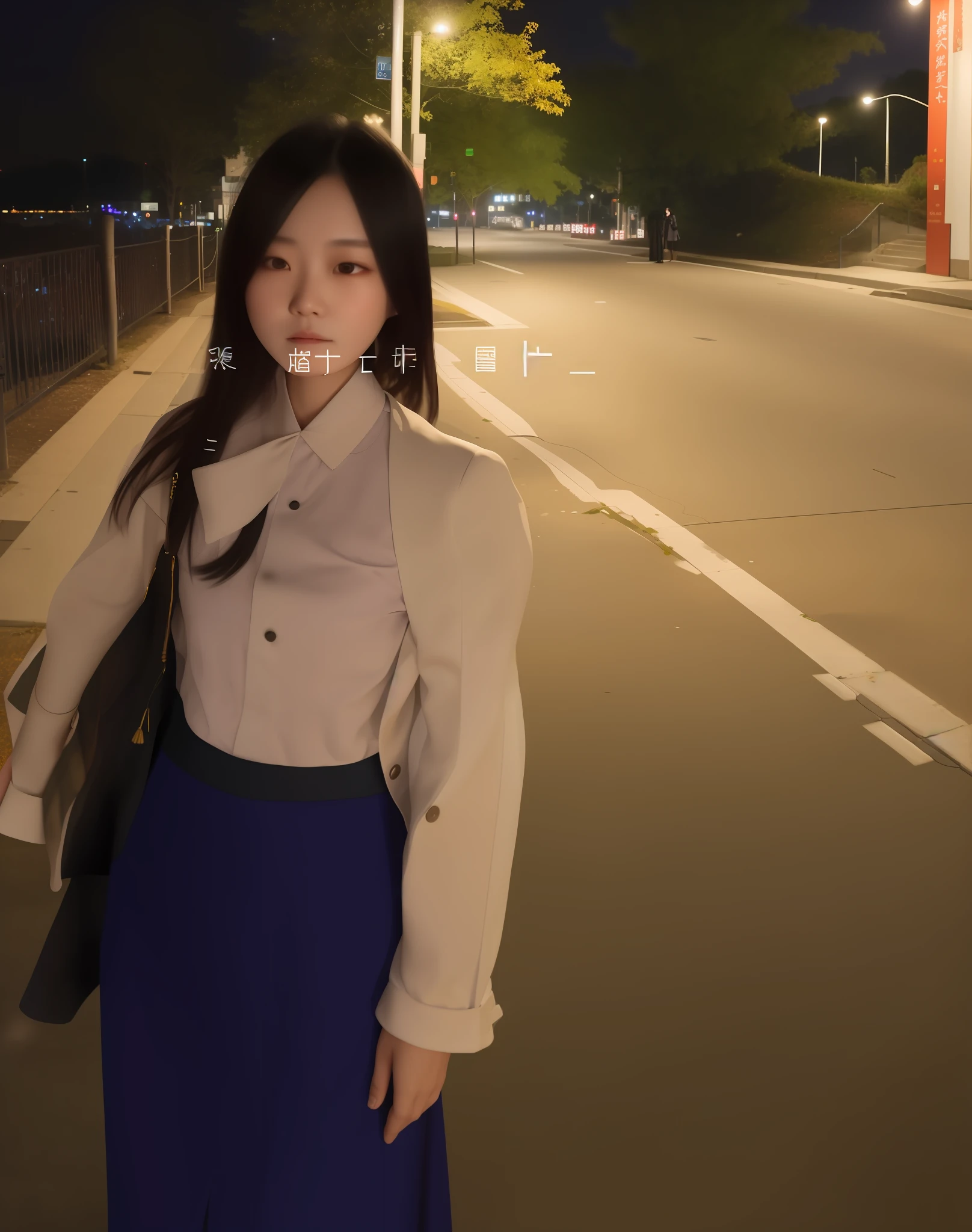 There is a woman standing on the sidewalk at night, night shot, Chinese girl, Chen Lulu, Sha Xi, Ye Wenfei, dead of night. Over-the-shoulder shot, Chinese woman, black stockings, black short skirt, minus subtitles