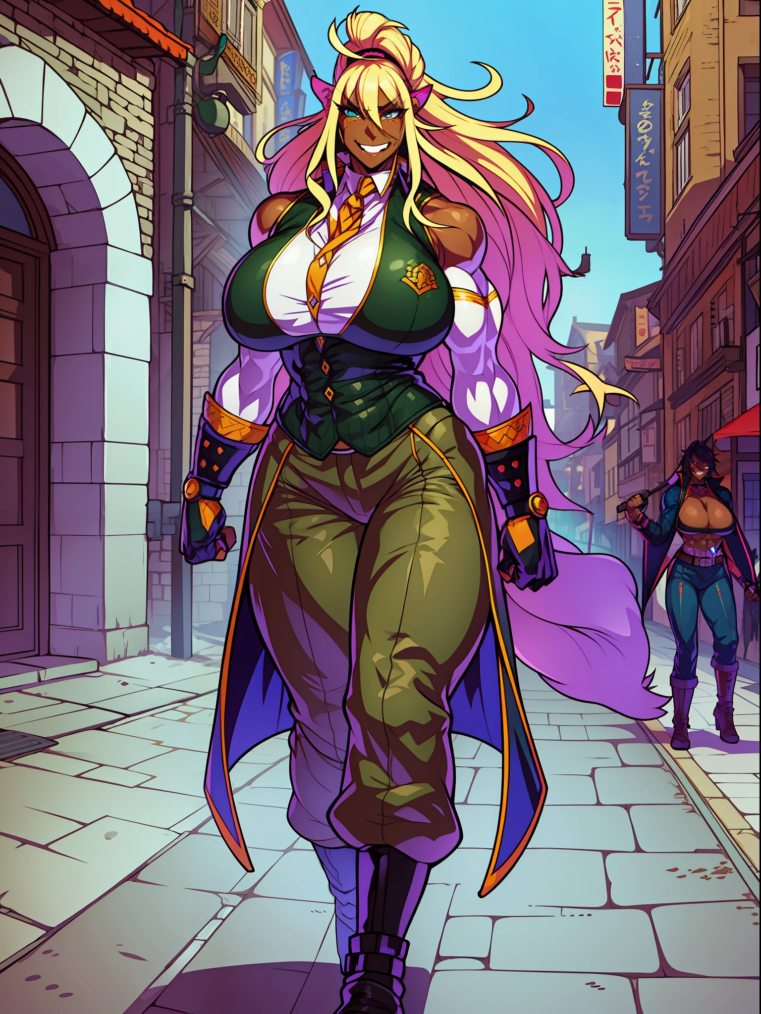 muscle girl,huge breast,, tall female, ,pants, solo focus, 1character, portrait full body,dark skinned female, , vest, coat, walking, medieval clothing, long hair, blond hair,, open mouth smile, revealing cloths, , berserker, warrior,portrait, full body, walking,lingerie, green eyes