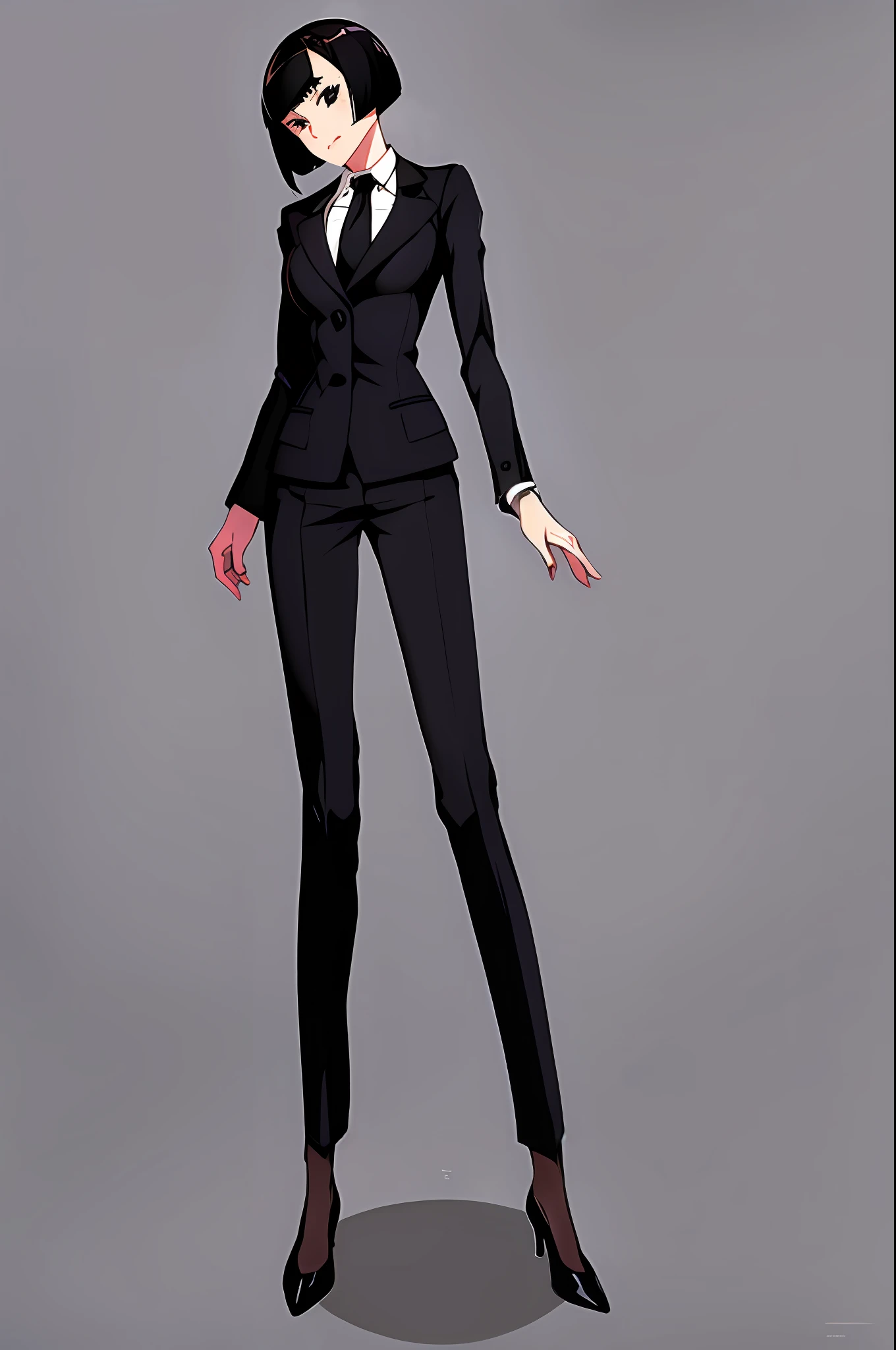 1girl, short hair, bob cut, black hair, slim waist, black business suit, full body, small chest