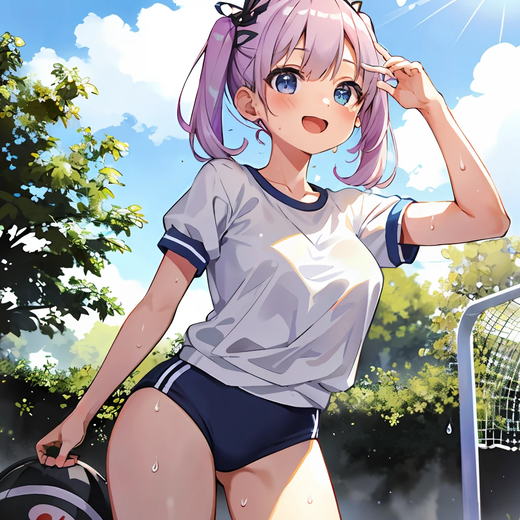 (absurdres,masterpiece,high resolution,an exremely beautiful girl, exremely detailed faced and eyes:1), (kawaii:1.4),light effects, 1 girl, solo, tareme, large breasts, petite, :d, looking away , buruma, gym uniform, sweat, see through, outdoor, sports ground, summer,サイドテール