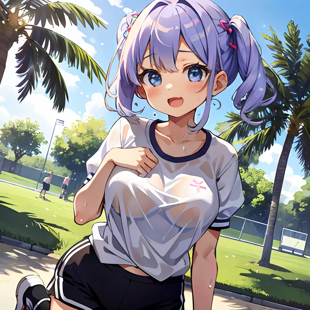 (absurdres,masterpiece,high resolution,an exremely beautiful girl, exremely detailed faced and eyes:1), (kawaii:1.4),light effects, 1 girl, solo, tareme, large breasts, petite, :d, looking away , buruma, gym uniform, sweat, see through, outdoor, sports ground, summer,サイドテール