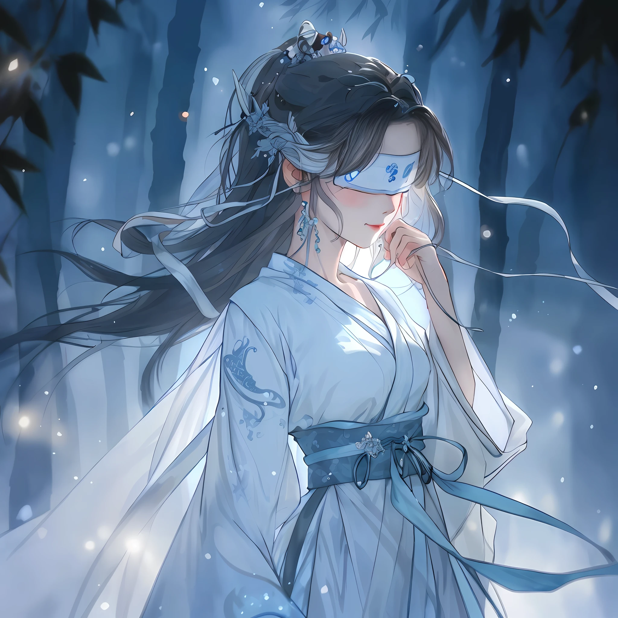 Anime girl in white dress with blue ribbon and mask, a girl in hanfu, beautiful character painting, white hanfu, flowing hair and robe, smile, martial arts