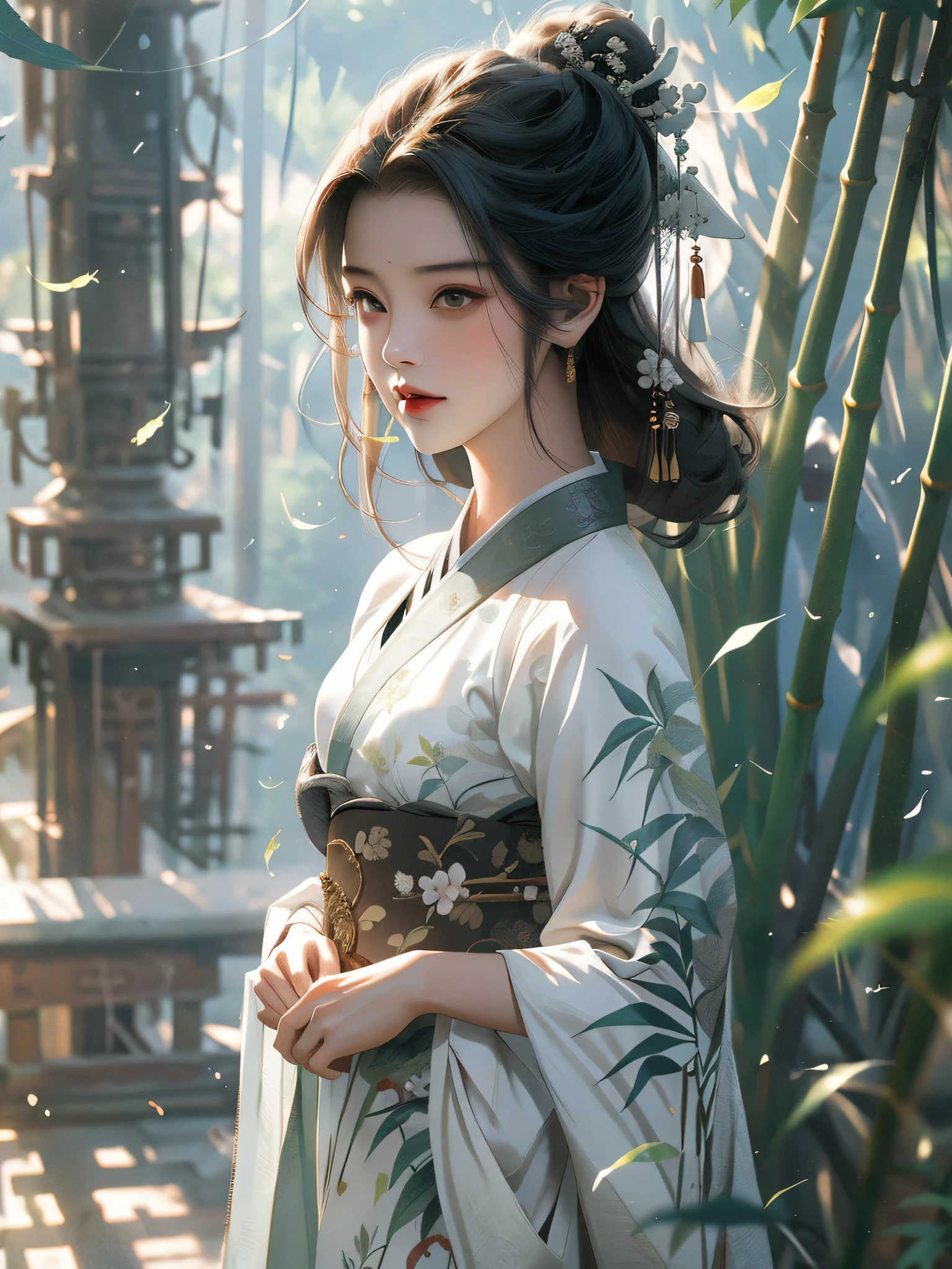 Bamboo forest, bamboo leaves falling, hazy, white Hanfu, sexy,