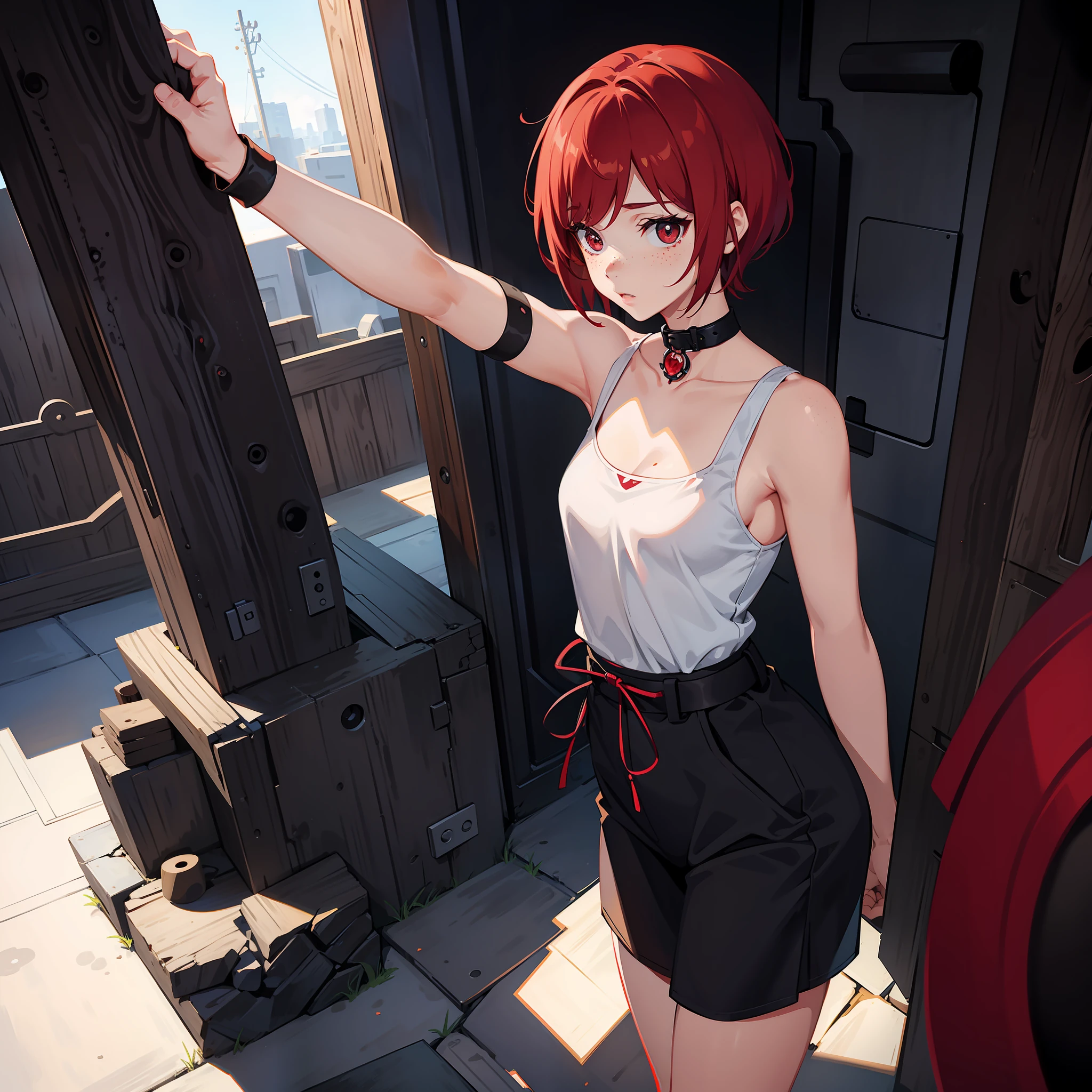 Girl with short hair and color Red, black eyes, short stature, cute body, with freckles, 4k, hd, anime style, artwork
