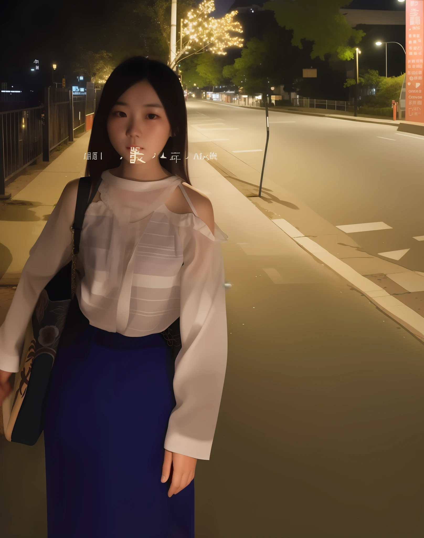 There is a woman standing on the sidewalk at night, night shot, Chinese girl, Chen Lulu, Sha Xi, Ye Wenfei, dead of night. Yoke shot, Chinese woman, black stockings