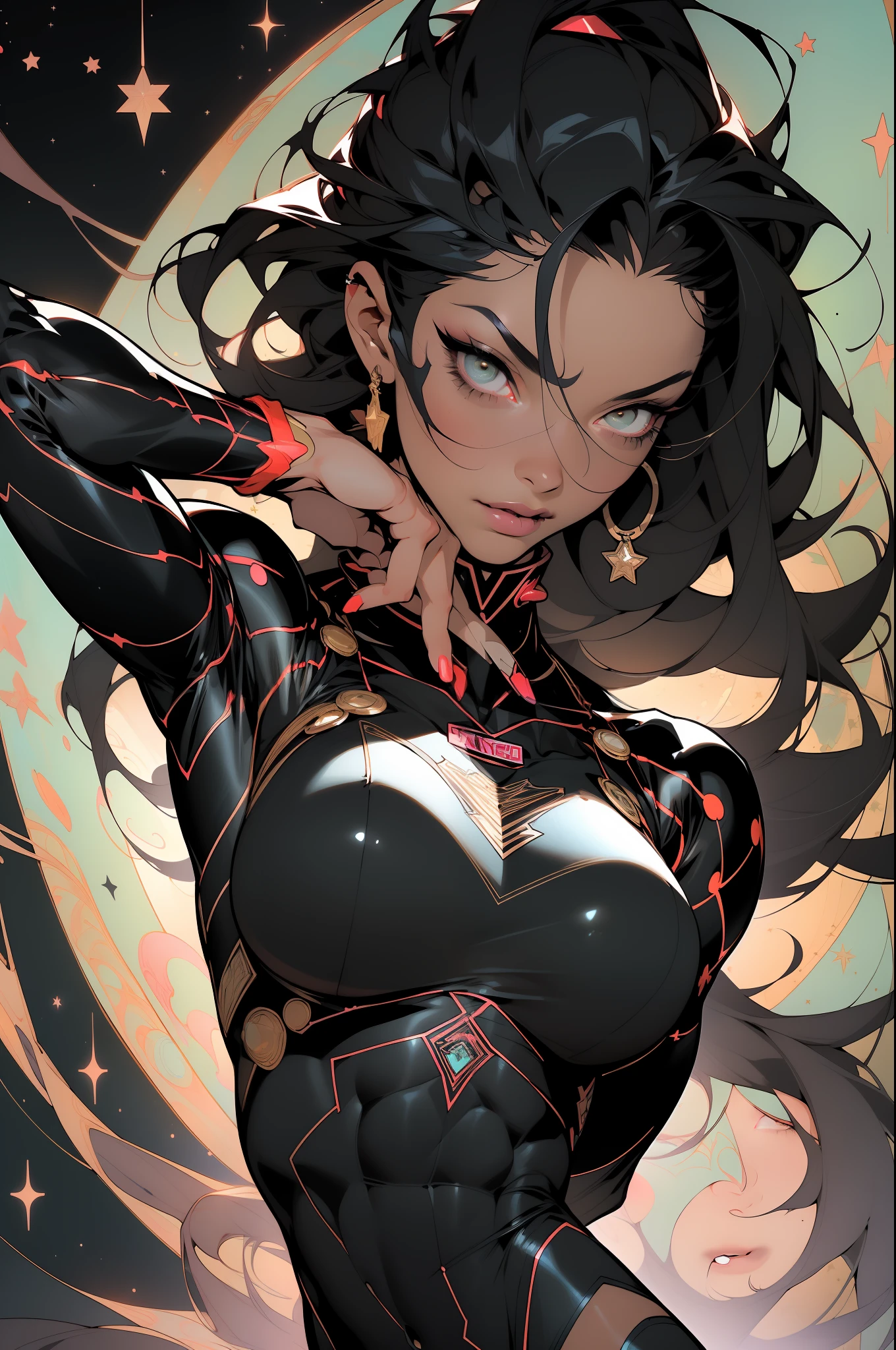((Best quality)), ((masterpiece)), (detailed: 1.4), (Absurd), 99whole body00, muscular woman of 35 years, black kinetic skin with (((exposed black muscles)))), hot woman, sculptural body with defined muscles, closed mouth, muscular body covered by a micro thong, whole body covered by Genesis evangelion neon style clothing, (((large breasts)), (eyes with heavy and very black makeup), ((((unkempt hair)), (stars covering the body), ((drawings of golden stars on the arms)), very long eyelashes, heavy eye makeup, lots of jewelry, by mucha, niji --V5, close to real, psychopath, crazy face, sexy pose, 2 piece clothing, pastel, centered, scale to fit the dimensions