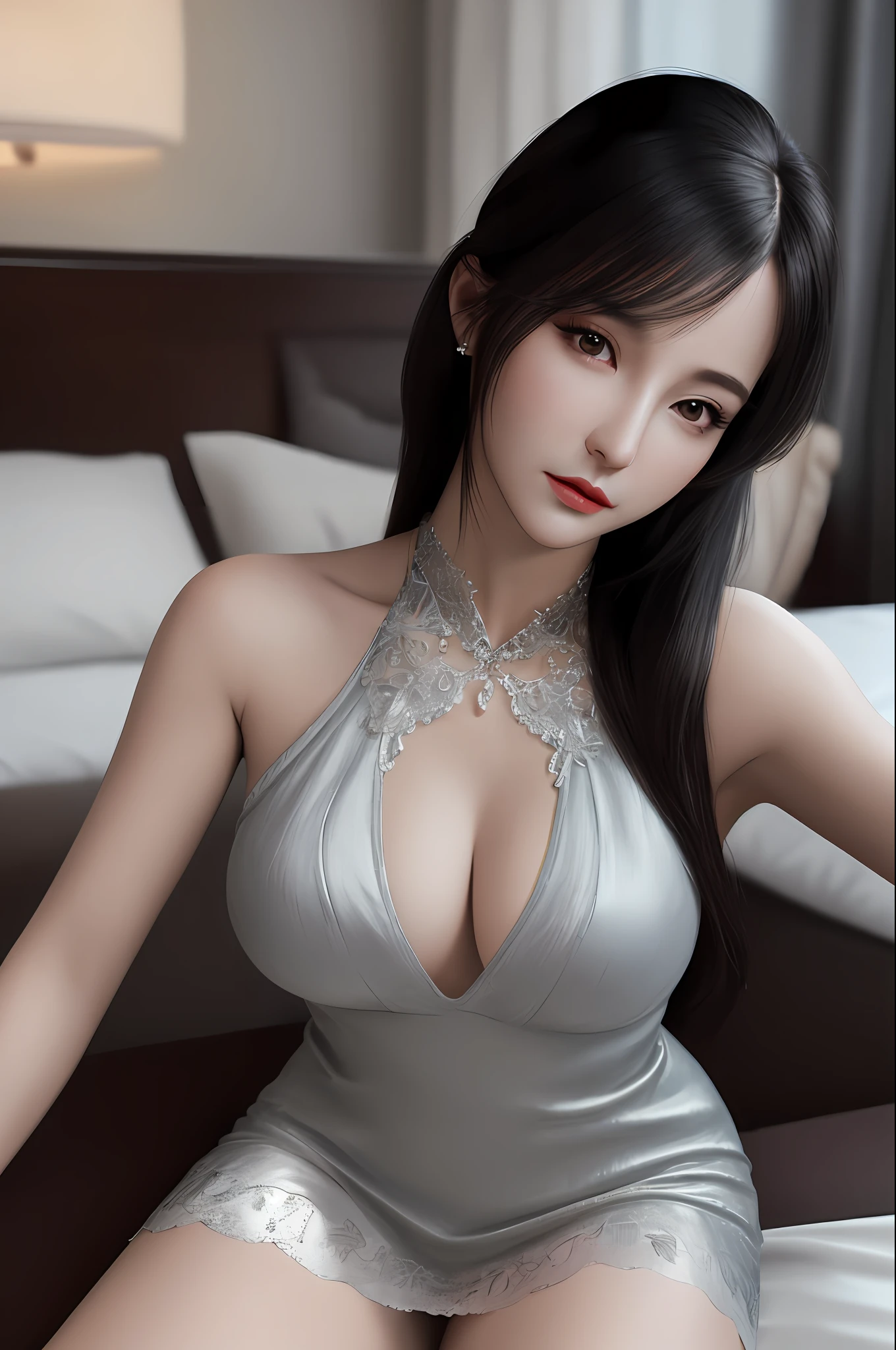 Very detailed eyes, very detailed face, very beautiful woman, best quality, super detailed (photorealistic), very delicate and beautiful legs, beautiful black eyes, absurdity, very detailed facial expression, professional illustration, shy, ff Tifa