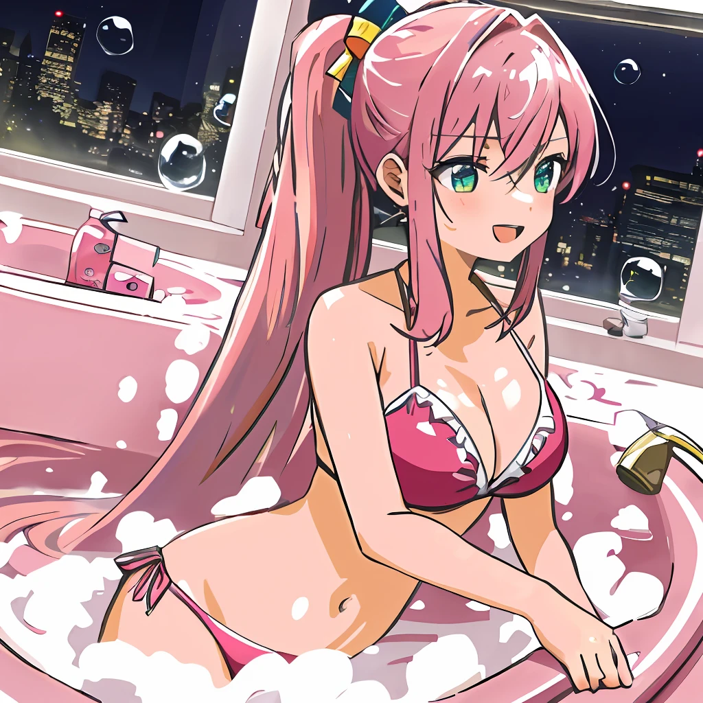 ((Masterpiece)), ((Dynamic Angle), ((Bubble Bath: 1.3)), ((Sprawl)), (Metallic Pink Bikini)), 1 Girl, Long-haired, Ponytail, (Pale Pink Hair), Embarrassing, Aqua Eye, Big, , Night, Pink Room, Fantasy Bath, Flower, Pink, :d