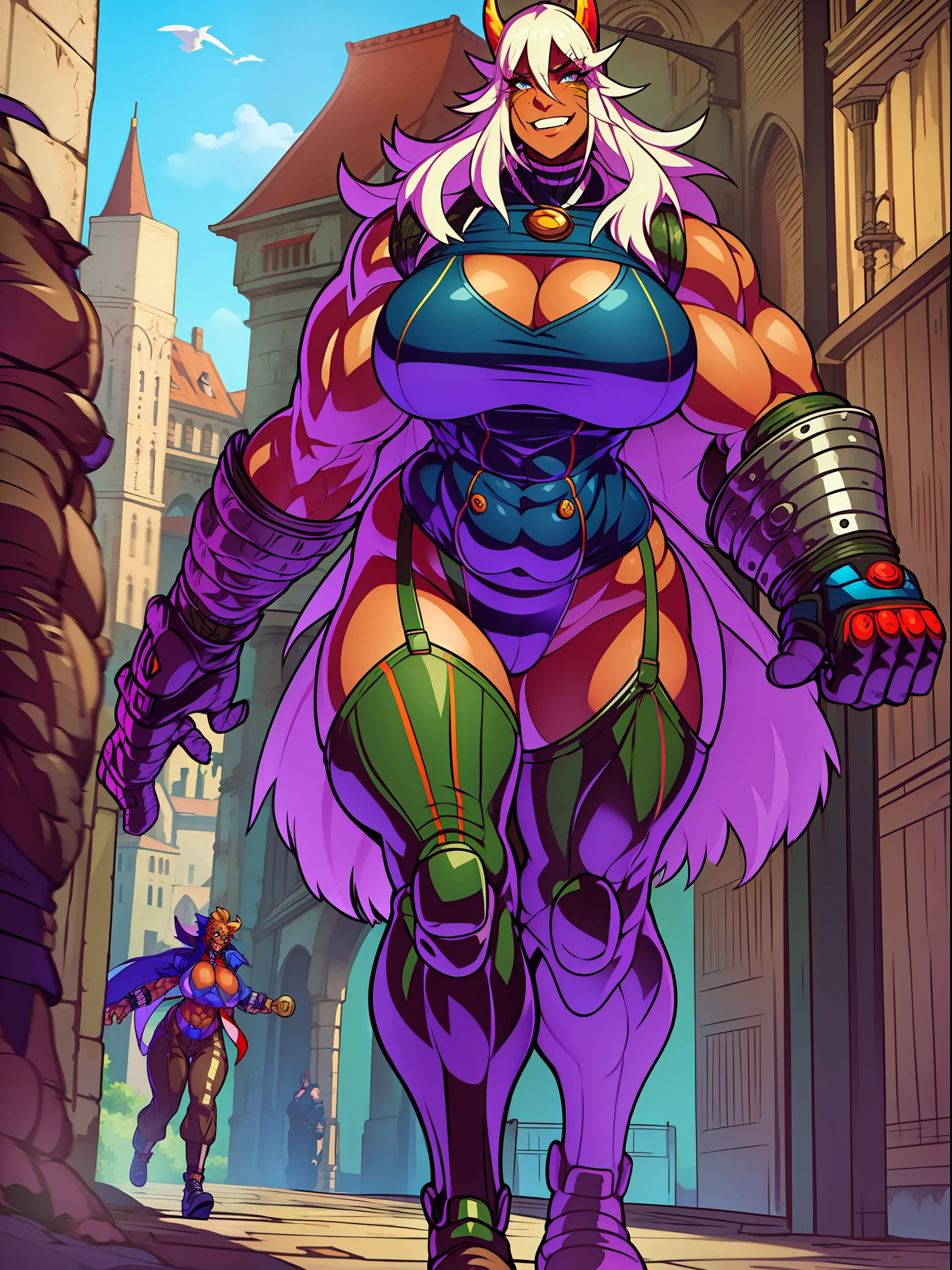 muscle girl,huge breast,, tall female, ,pants, solo focus, 1character, portrait full body,dark skinned female, , vest, coat, walking, medieval clothing, long hair, blond hair,, open mouth smile, revealing cloths, , berserker, warrior,portrait, full body, walking,lingerie, green eyes