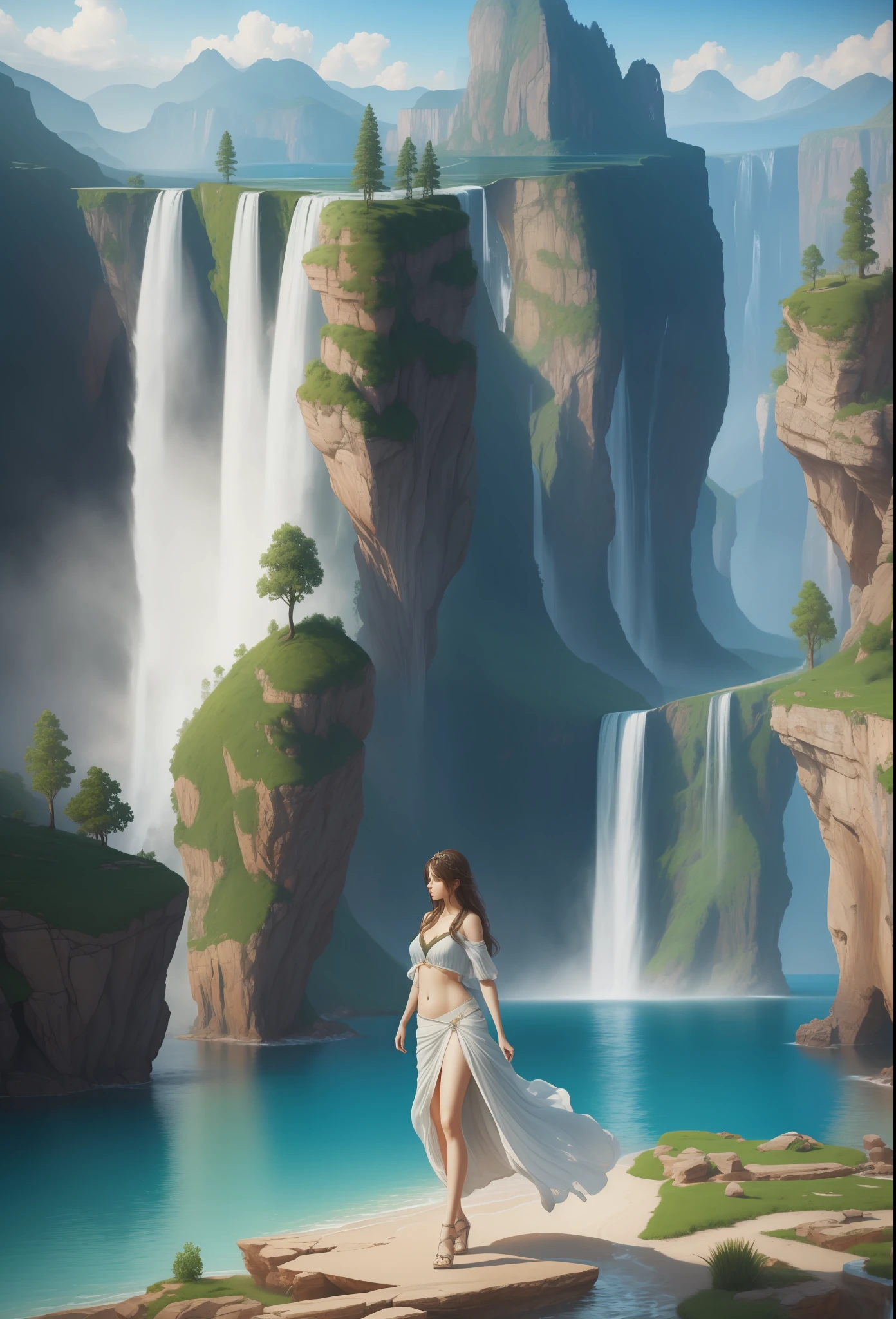 landscape, water (extremely detailed CG unity 8k wallpaper), the most beautiful artwork in the world, professional majestic oil painting, intricate, high detail, sharp focus, dramatic, photorealistic. Beaautiful woman, show stomach long legs