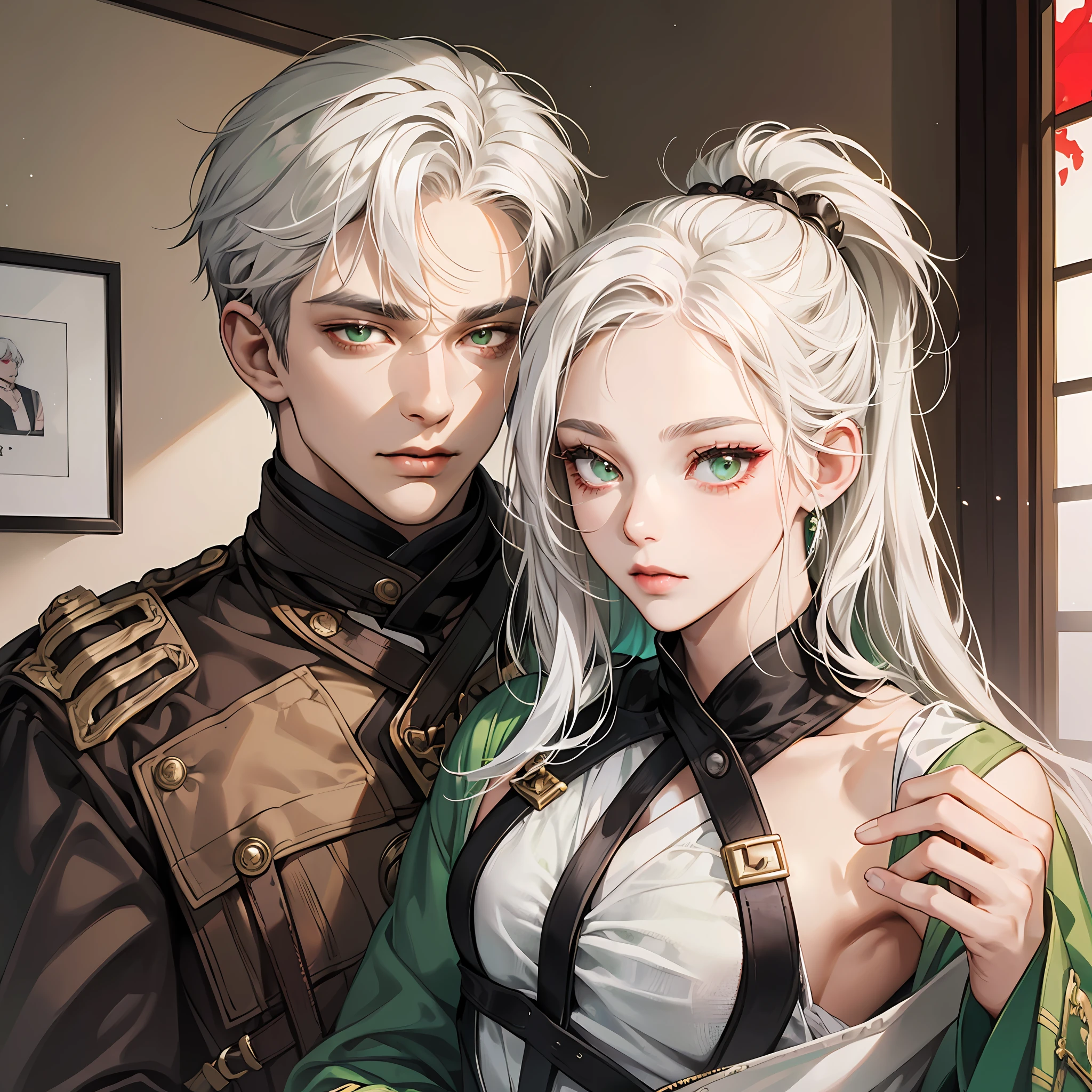 (couple), (Boy with black hair, brown skin, green eyes,), (girl with white hair, red eyes, dark eyelids, light skin), (American style). --auto --s2