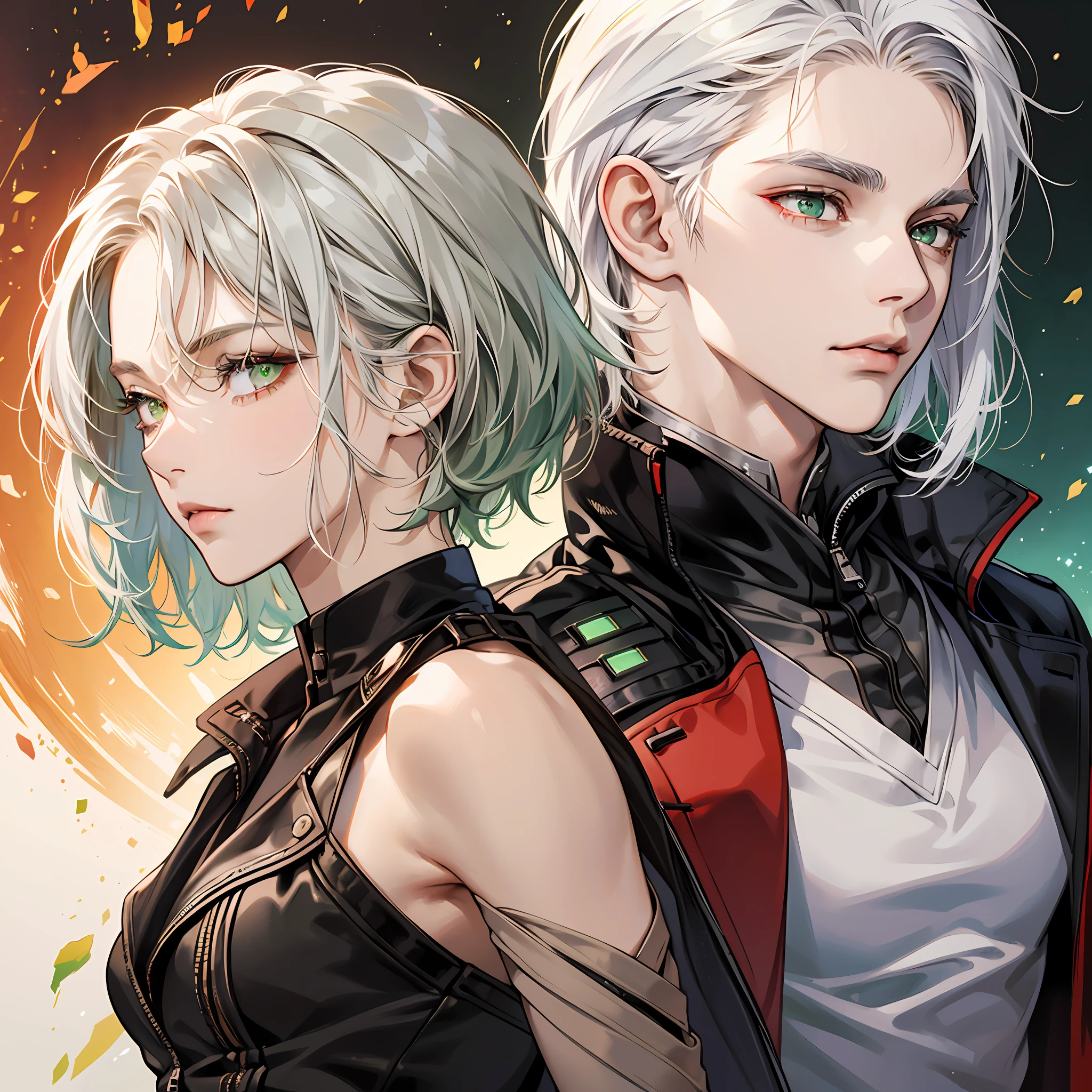 (couple), (Boy with black hair, brown skin, green eyes,), (girl with white hair, red eyes, dark eyelids, light skin), (American style). --auto --s2