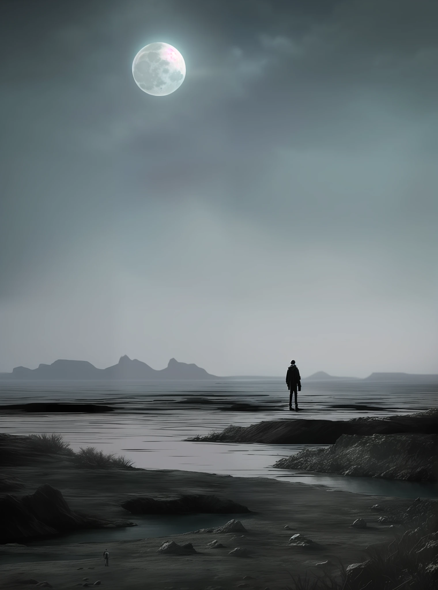 there is a man standing on a rock by the water, barren moon landscape, an alien landscape view, twilight ; digital painting, background artwork, sandy white moon landscape, moon landscape, exoplanet landscape, landscape of an alien world, an alien landscape, matte digital painting, moons in background, desolate gloomy planet, across an alien landscape, lovecraftian landscape