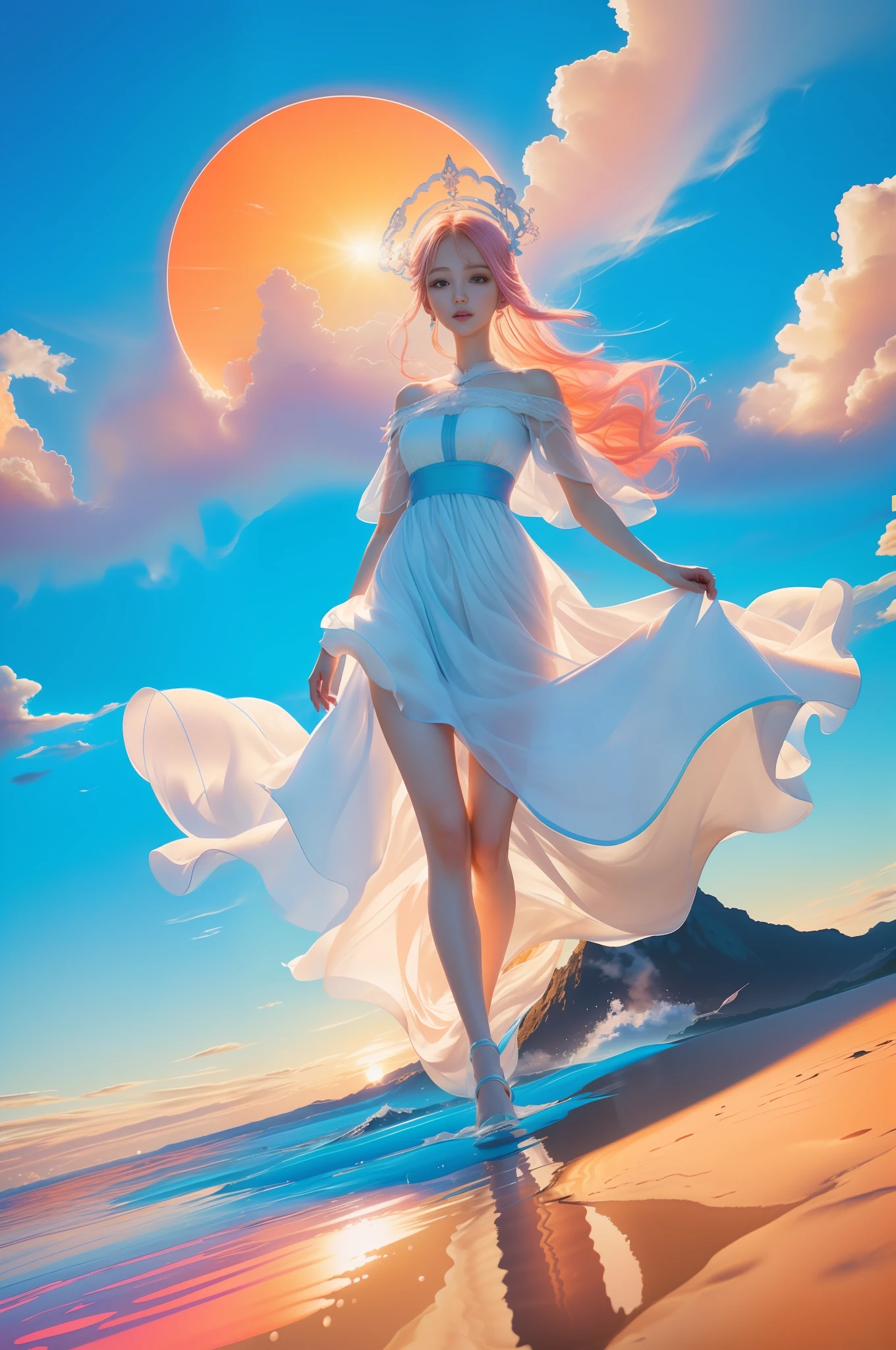 (8k, RAW photo, photorealistic:1.25) ,( lip gloss, eyelashes, glossy side, shiny skin, best quality, super high resolution, depth of field, chromatic aberration, caustics, special light, natural shadows, headwear, Kpop idol), light pink and sky blue style, (real: 1.2), 1girl, (orange sky: 1.5), tall and thin beauty goddess, flowing dress, conservative girl, cloud goddess, flowing white fabric, Wearing a flowing dress, (blue sky and white clouds in the background: 1.4), (wind: 1.5), (full body: 1.5),