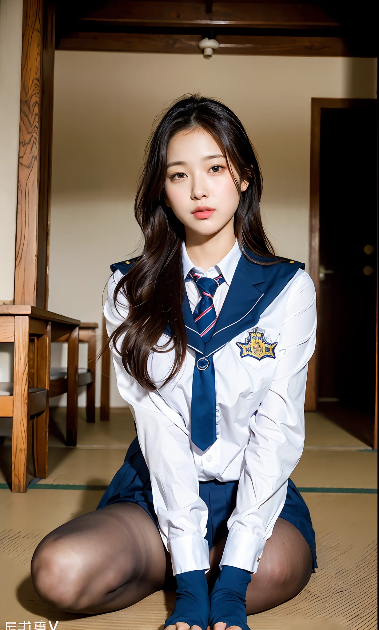 ulzzang-6500-v1.1, (Raw photo:1.2), (Photorealistic:1.4), Beautiful detailed girl, Very detailed eyes and face, Beautiful detailed eyes, Ridiculous, Incredibly ridiculous, Huge file size, Ultra detailed, High Definition, Very detailed, Best quality, Masterpiece, Kemomimi, ((Japan Girls' High School Uniform)), Illustration, Very detailed, CG, unification, 8k wallpaper, fantastic, fine details, masterpiece, best quality, highly detailed cg uniforms 8k wallpaper, light on face, movie lighting, girl, (without panties)), ((dynamic pose))), (camel toe), (half), (pantyhose), (sitting legs bending knees)) (sitting with crotch visible) (sitting showing the inside of the crotch looking at the camera), 18 Prohibition, Eros, Open Legs