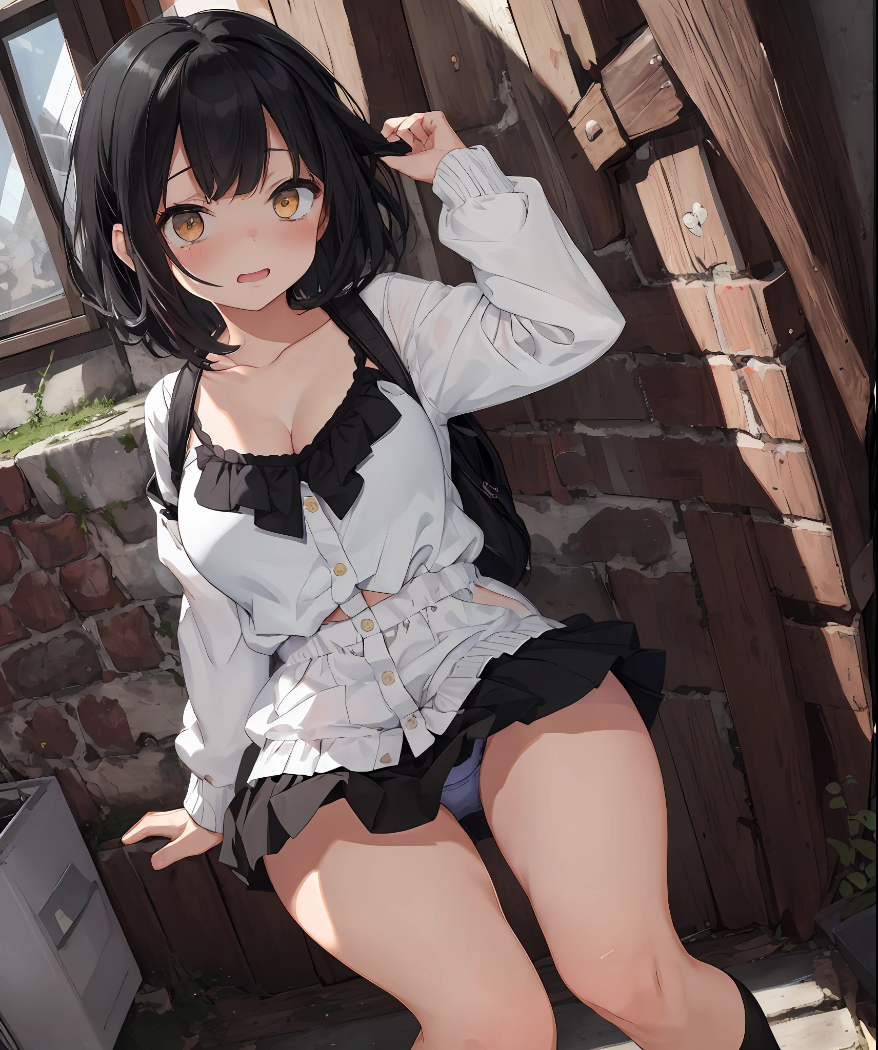{{{masterpiece}}}, {{{best quality}}}, {{ultra-detailed}}, {illustration}, {{an extremely delicate and beautiful}},everyday, cute, girl, energetic, active, tomboy, jumping, black hair, cute panties, skirt fluttering and panties visible, You can see cleavage