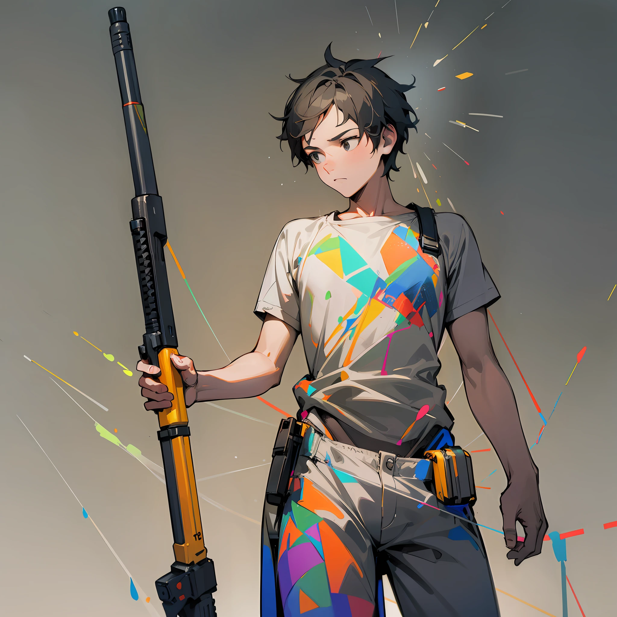 The stickman holds a mosaic gun, which has delicate lines and a pronounced texture; The subject of the painting is a stickman wearing a brightly colored T-shirt and pants, standing on a gray background, creating a stark contrast. The background is also important, a gray background is required, but the stickman needs to be highlighted, and the bokeh effect can be used. The overall lighting and shadow effect should be expressed as rich as possible to highlight the subject of the picture.