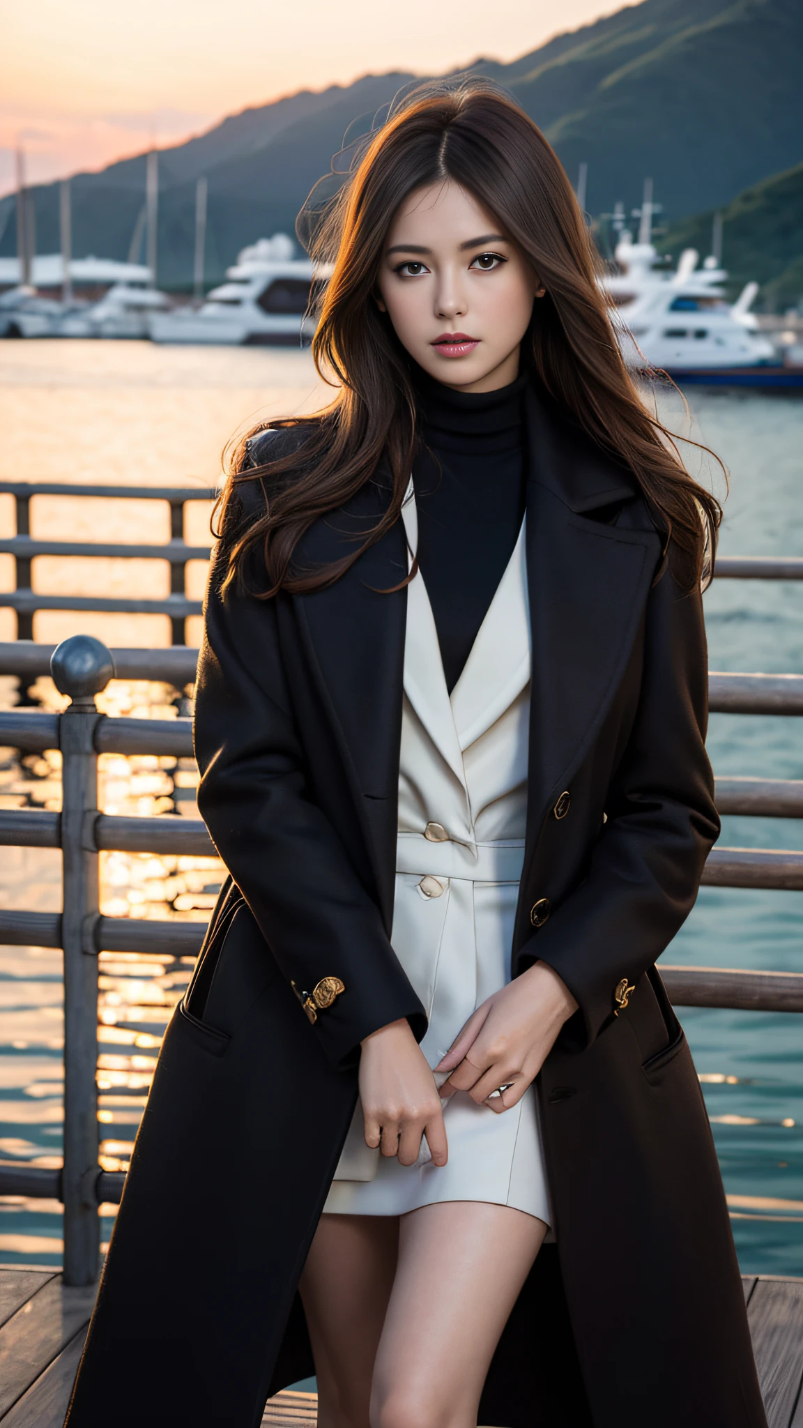 Top Quality, Masterpiece, Ultra High Resolution, (Photorealistic: 1.4), Raw Photo, 1 Girl, Brown Dark Hair, Yacht Harbor, Dramatic Lighting, Above Knee,, Cotton Black Coat, Colossal