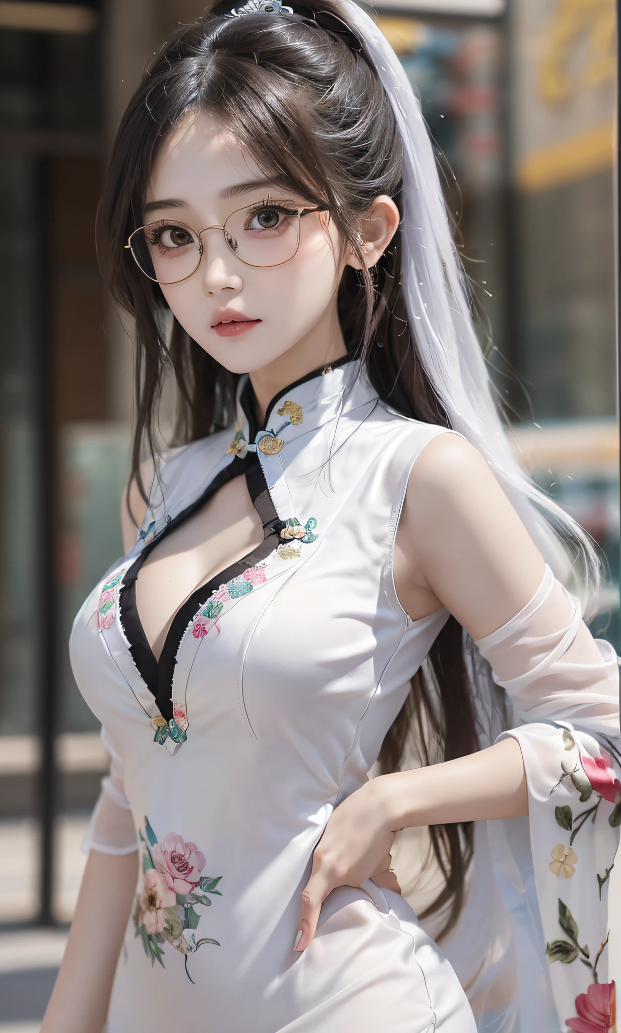 ulzzang-6500-v1.1,(raw photo), (photorealistic), beautiful detailed girl, very detailed eyes and face, beautiful detailed eyes, huge file size, super detailed, high resolution, very detailed, best quality, masterpiece, ((all kinds of beautiful hip wrapping cheongsam)), (), (all kinds of beautiful hip cheongsam), ((face photo shot), illustration, very detailed, CG, unified, 8k wallpaper, amazing, fine details, masterpiece, best quality, wallpaper, light on face, movie lighting, 1girl, 16 years old, long white hair, side split, perfect figure, (with glasses), ((standing in an elegant posture))), (camel toe), (panorama)