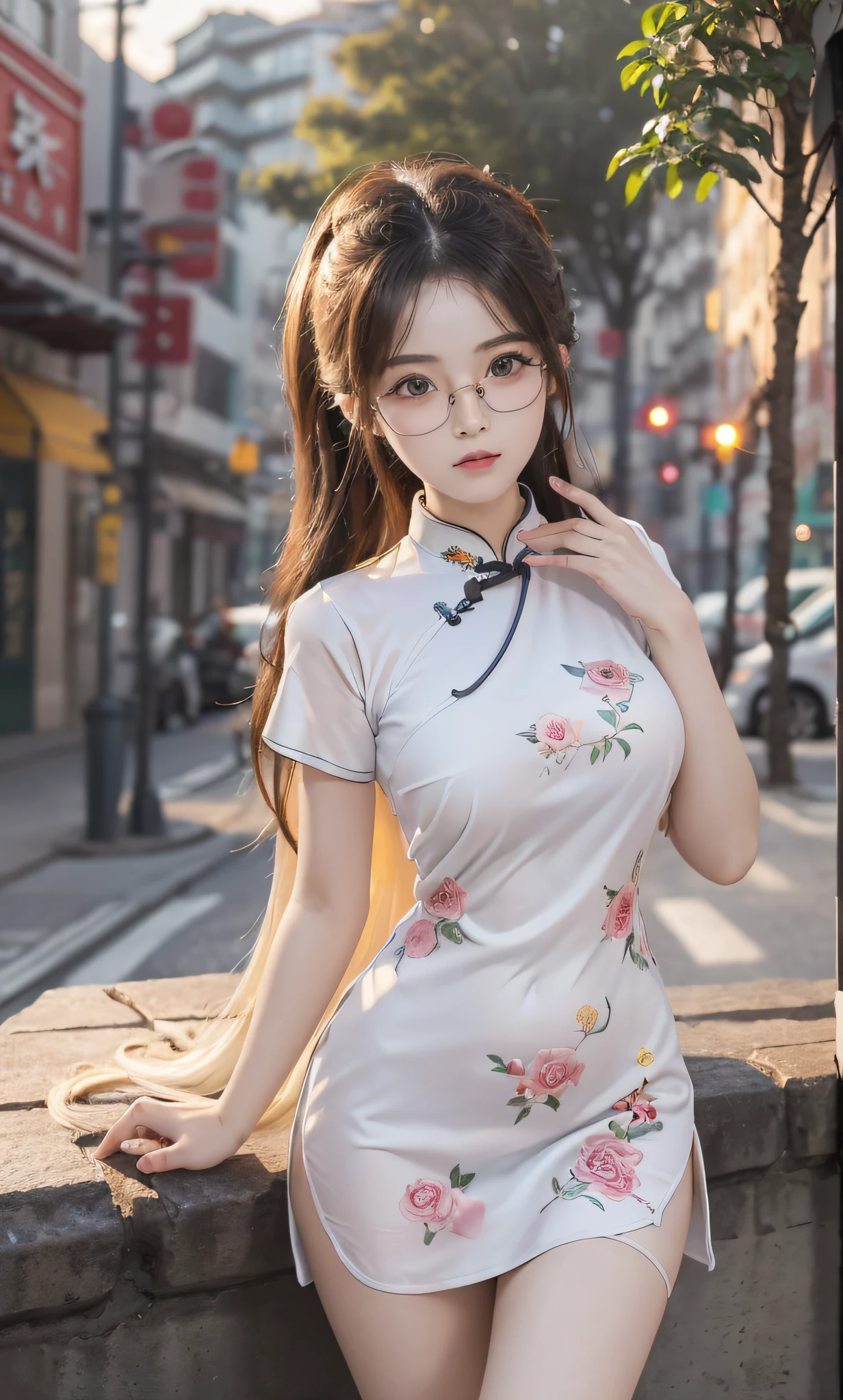 ulzzang-6500-v1.1,(raw photo), (photorealistic), beautiful detailed girl, very detailed eyes and face, beautiful detailed eyes, huge file size, super detailed, high resolution, very detailed, best quality, masterpiece, ((all kinds of beautiful hip wrapping cheongsam)), (), (all kinds of beautiful hip cheongsam), ((face photo shot), illustration, very detailed, CG, unified, 8k wallpaper, amazing, fine details, masterpiece, best quality, wallpaper, light on face, movie lighting, 1girl, , long white hair, side split, perfect figure, (with glasses), ((standing in an elegant posture))), (camel toe), (panorama)