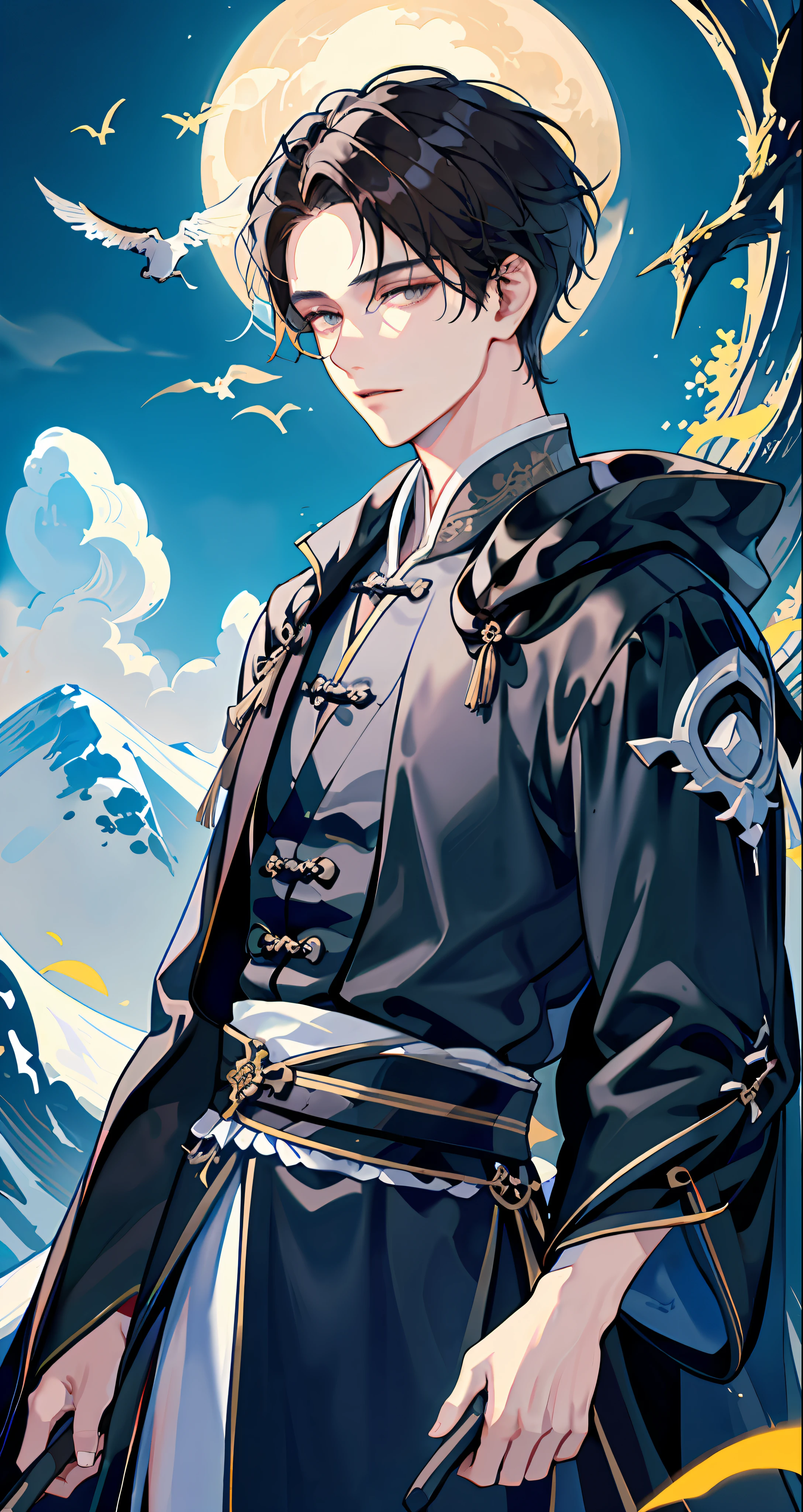 Masterpiece, Solo, 1 Boy, Black Cloak, Ancient Chinese Hanfu, Brunette Hair, Handsome, No Leaks, Ultra-Intricate Details, Background: Night, Moonlight, Mountain Peak, Clone,