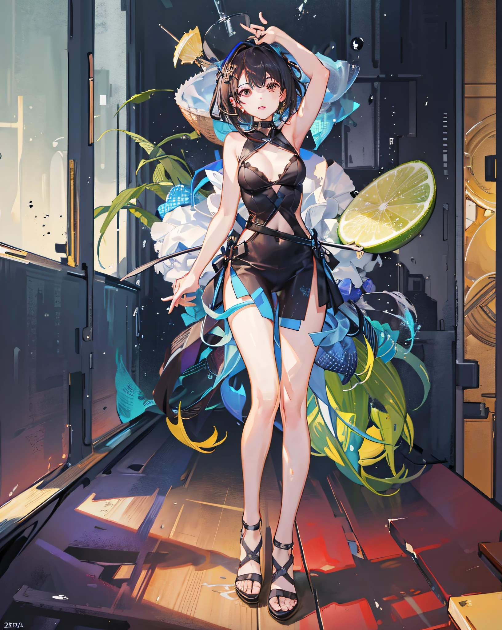 1 girl, container, cocktail glass, full body, 2 arms