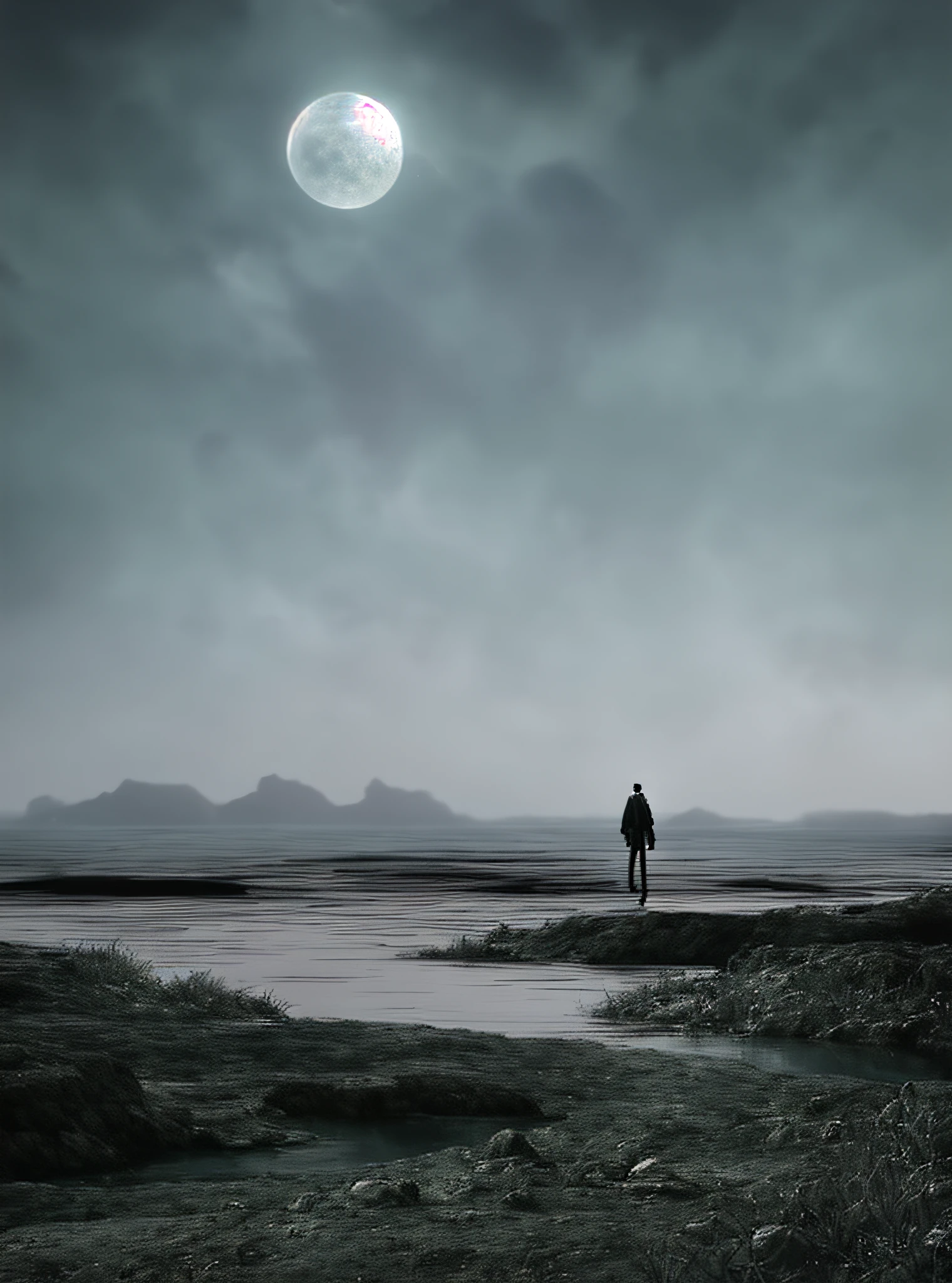 there is a man standing on a rock by the water, barren moon landscape, an alien landscape view, twilight ; digital painting, background artwork, sandy white moon landscape, moon landscape, exoplanet landscape, landscape of an alien world, an alien landscape, matte digital painting, moons in background, desolate gloomy planet, across an alien landscape, lovecraftian landscape