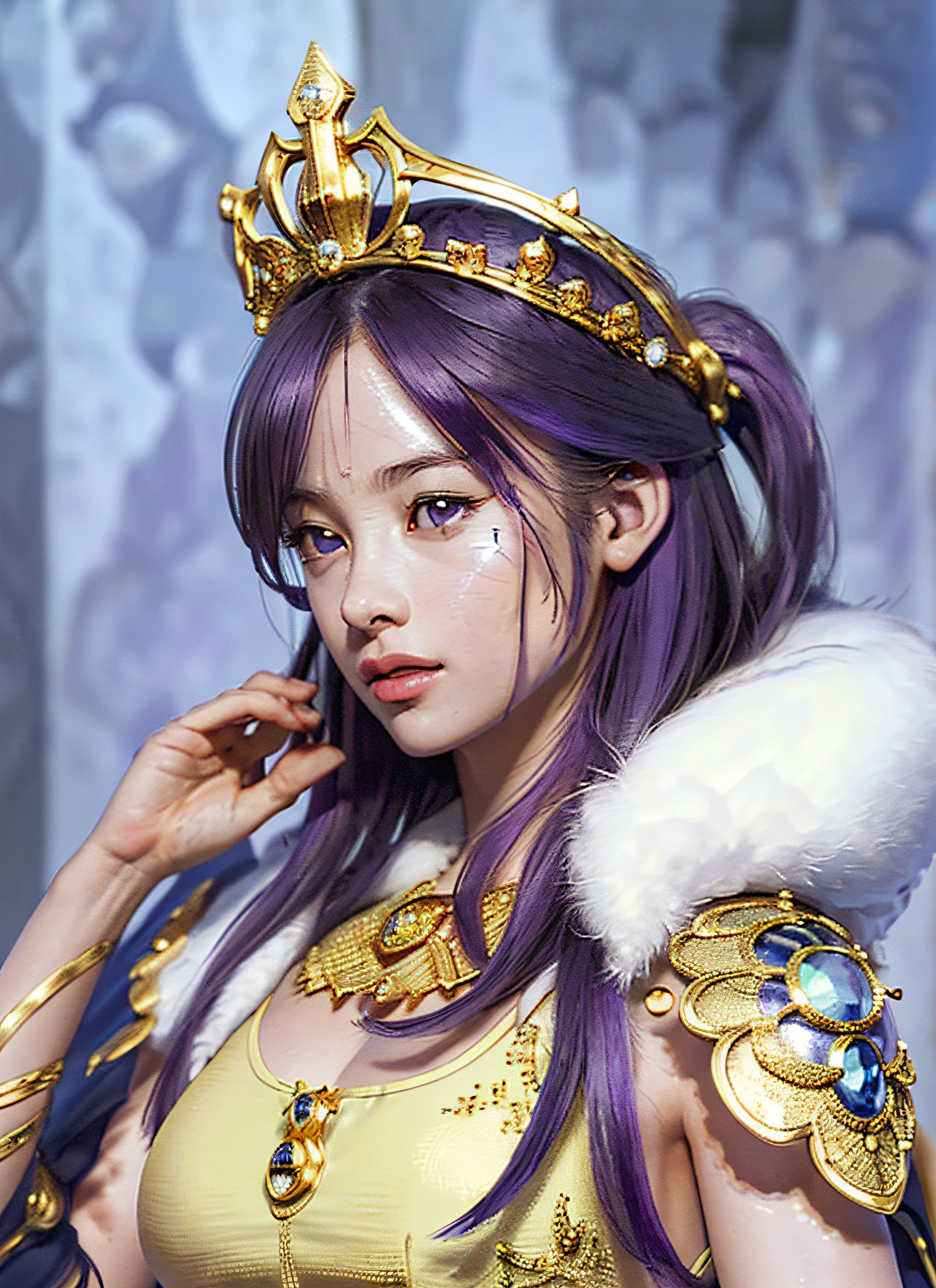 Ultra detailed complex 3d rendering of face, huge breasts, beautiful girl with normal figure: 1.4, (big: 5.8), sexy underwear , long hair,, (Photorealistic:2.4) View Viewer, Pants, Parted Lips, (Shiny Skin),Realistic Sensual Gravure Idol,(), Intricate Detail, Ultra Detailed Complex 3D Rendering of Face, ( Warrior Queen Armor, Fur-Lined Cape, Bejeweled Crown: 2.2), Big, Colossal, (Micro Bikini) Sexy Swimsuit, (Ultrareal), (Magic Wand), (High Definition), (8K), (Very Detailed), (Beautiful Detailed Eyes), (Best Quality), (Ultra Detailed), Intricate Detail Gemstones (Detailed Women's Armor: 2.3), (Ornate Gold Armor: 1.3), 1 Girl, Solo, Long Hair, WindGorgeous face, top quality, masterpiece, maximum detail, diffused lighting, (purple hair: 1.3), Valhalla Valkyrie, mechanical arm, beauty, facial muscles