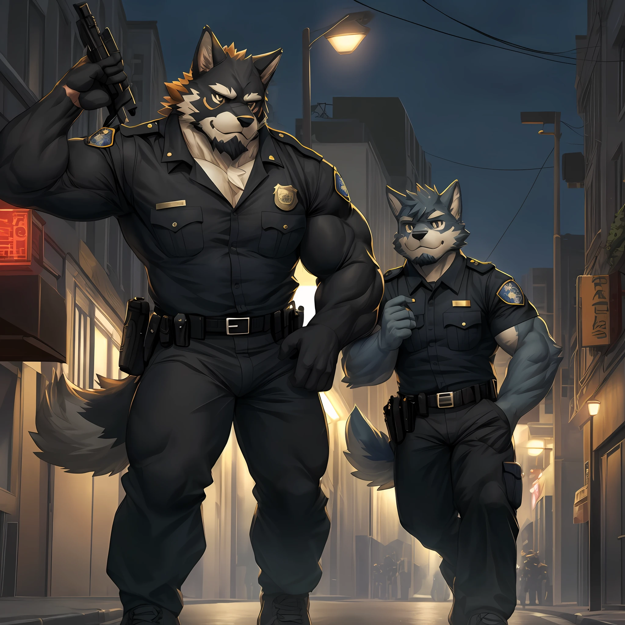 top quality, best quality, super high resolution, detailed background(highly detailed beautiful face and eyes)absurdres, perfect anatomy(angelic nice 2boy, kemono, muscle man)(furry)(furry anthro:1.7)(Furry body, dog facial features, dog body features)(very detailed body fur)full body(dignified, Embarrassing)police officer, street, muscle, facial hair, volumetric lighting, half undressh, black clothes, (black police uniform shirt)street, facial hair, volumetric lighting, from below,