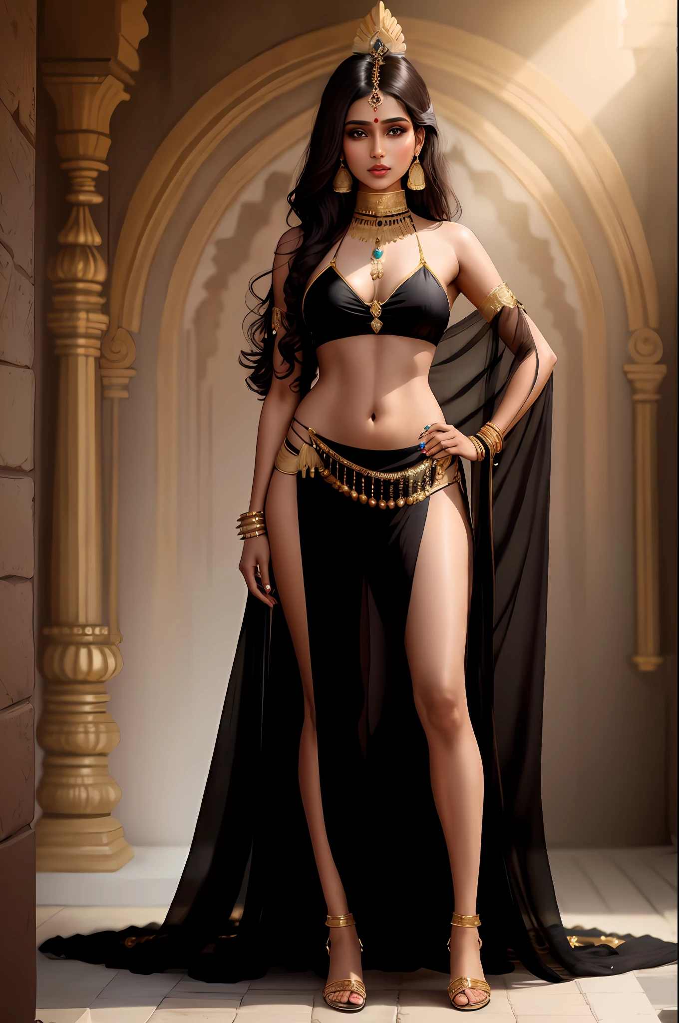 Indian princess show stomach long legs wear jewellers dress type black bikini and posing in front of camera realistic body masterpiece
