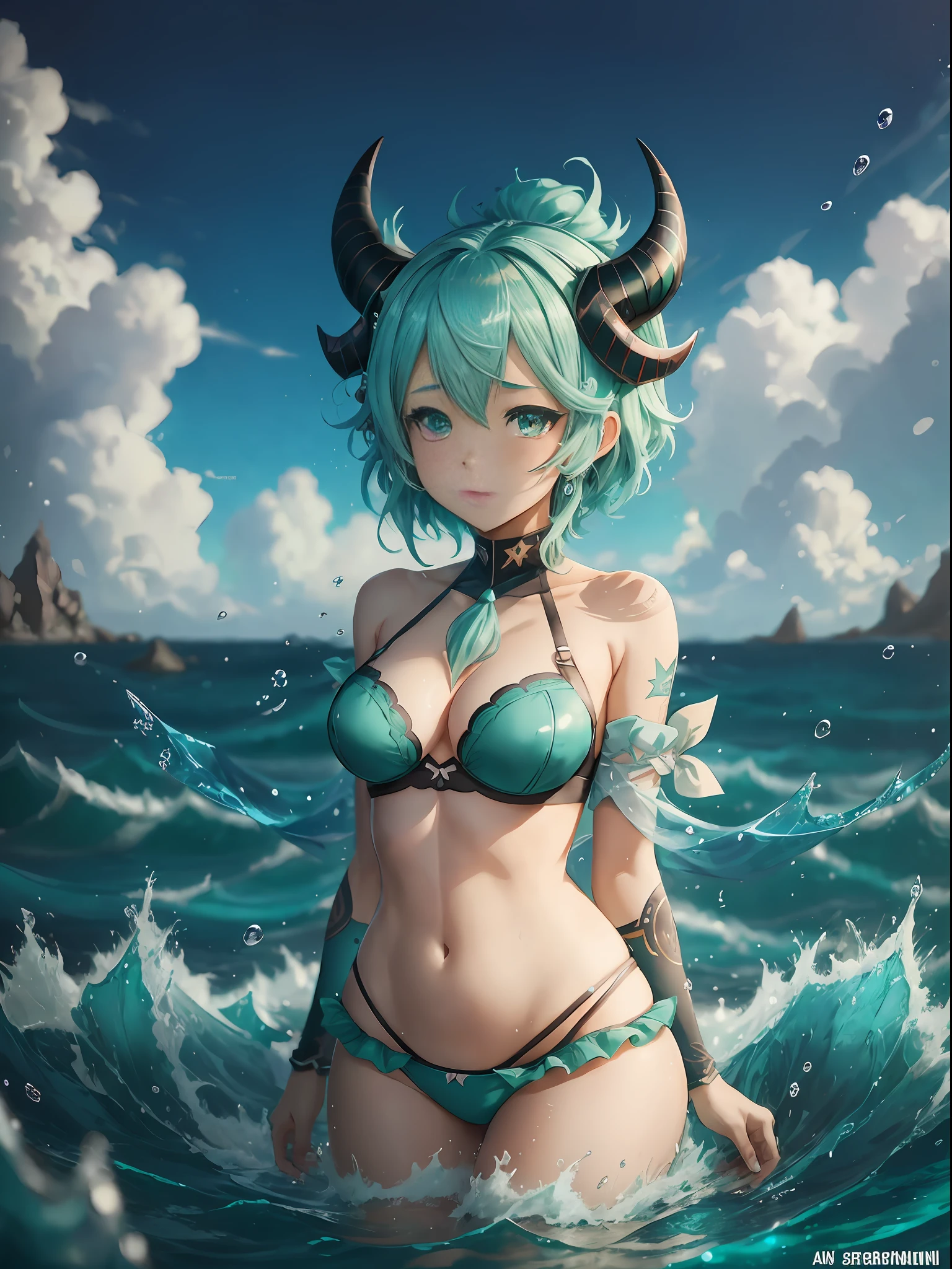 Two-dimensional, hood, anime characters with horns and horns on their heads, detailed anime character art, popular on ArtStation pixiv, girl design horns, Genshin impact characters, anime character art, anime girls with blue-green hair, sky blue, delicate hair, Genshin, short hair, water clear is shallow, water green is deep, water black is abyss, sexy, underwear, three views, fashion, trend, stars, sea, abyss --auto --s2