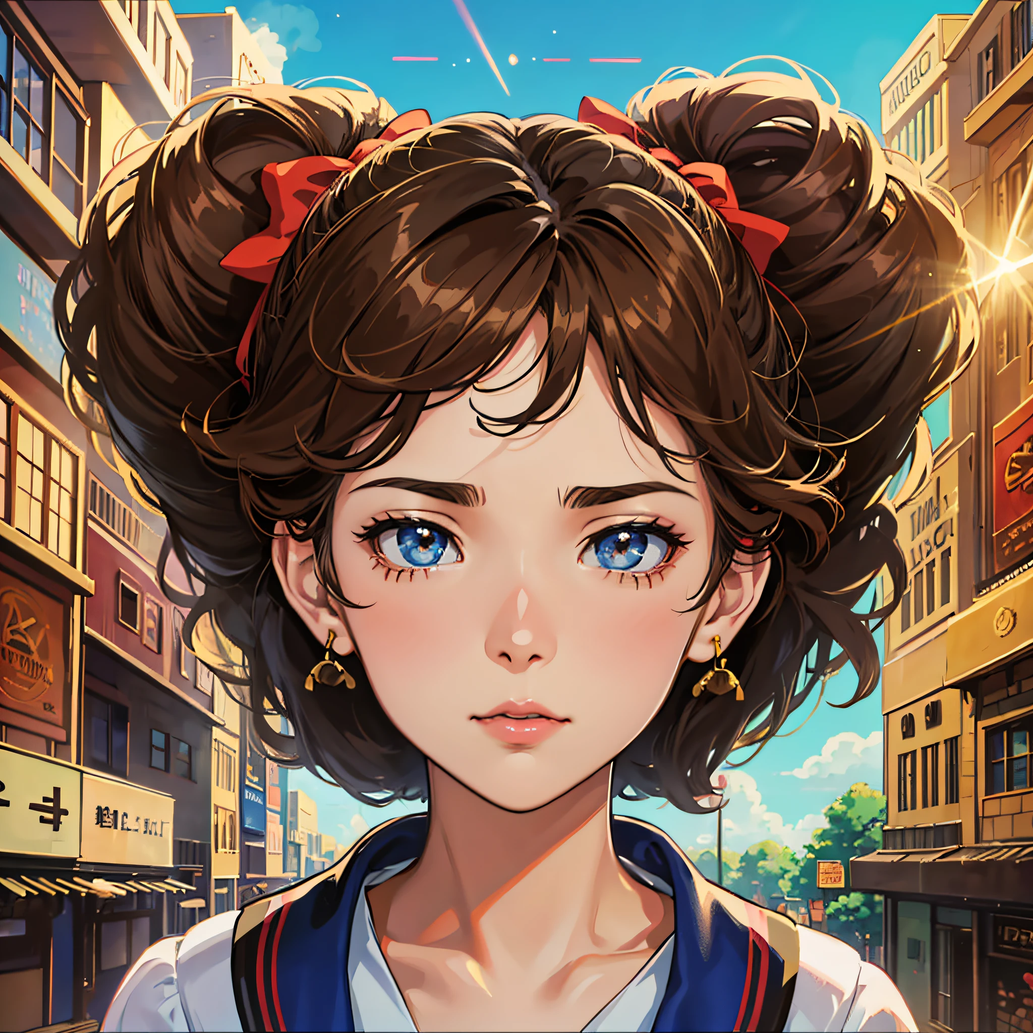 africana, 2 anos, brown hair, hair bow, serious, American propaganda poster, anime, Ghibli-like colours, anime style, cinematic lighting, framed, first-person view, lens flare, depth of field --auto --s2