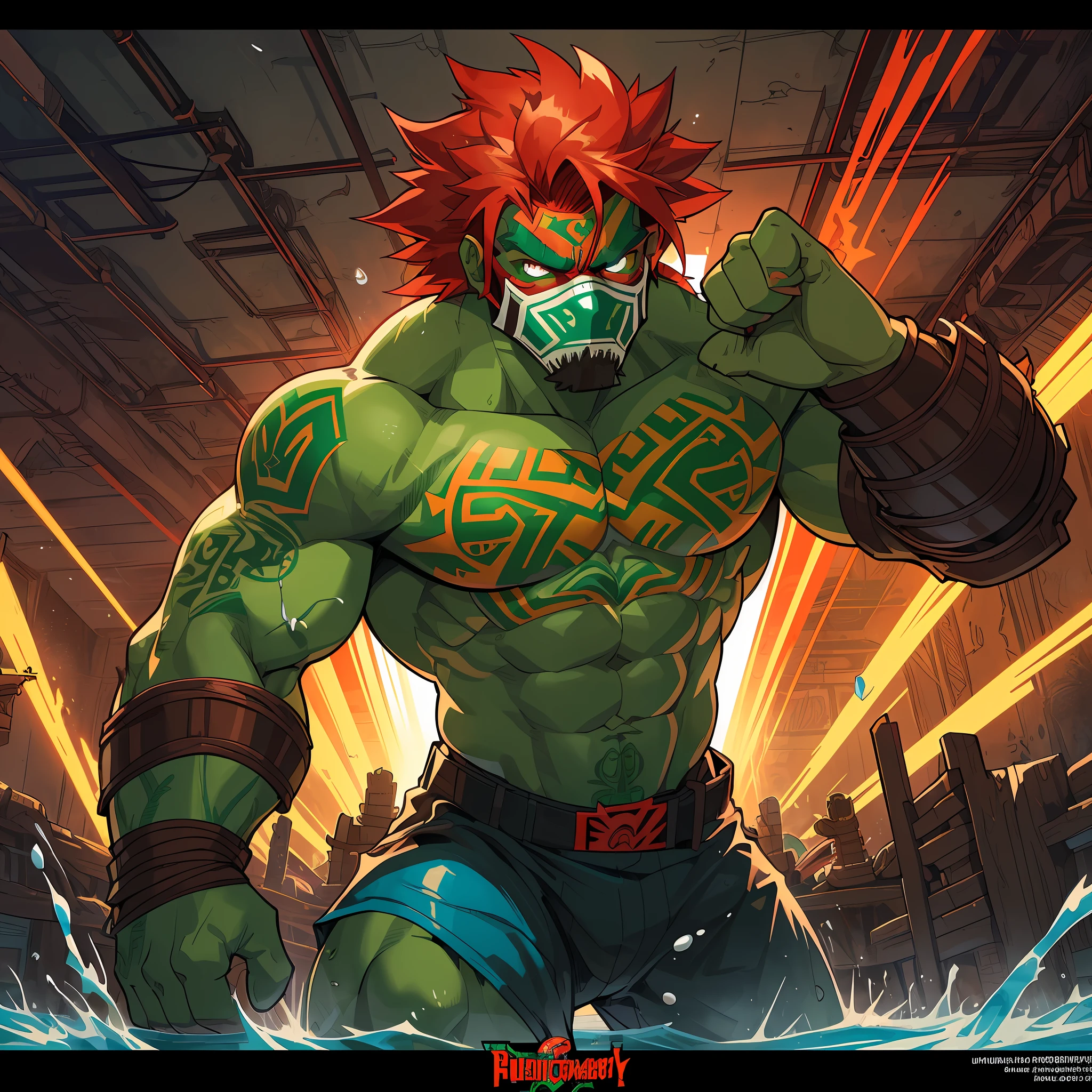 dieselpunk, ((inked, splash art, cover, masterpiece, high quality, best quality, high resolution, ultra-detailed, 8k:1.4)), 1man, solo, 1head, a man wearing a mask in a boxing ring, portrait of Lucha Libre DJ Green, Lucha Libre, Mexican warrior, cactus mask on face, mask on face!, mask on face!!, muscular body, glowing skin, wrestler, red hair, army pants, Mayan cactus warrior, Aztec warrior with green mask, tense gaze, in a menacing pose, Lobo, comic book, LuchaLibre, post-apocalypic background, fight pose, pocket comic, by Todd McFarlane, complex, tonemapping, sharp focus, perspective, upper body, viewer looking at viewer