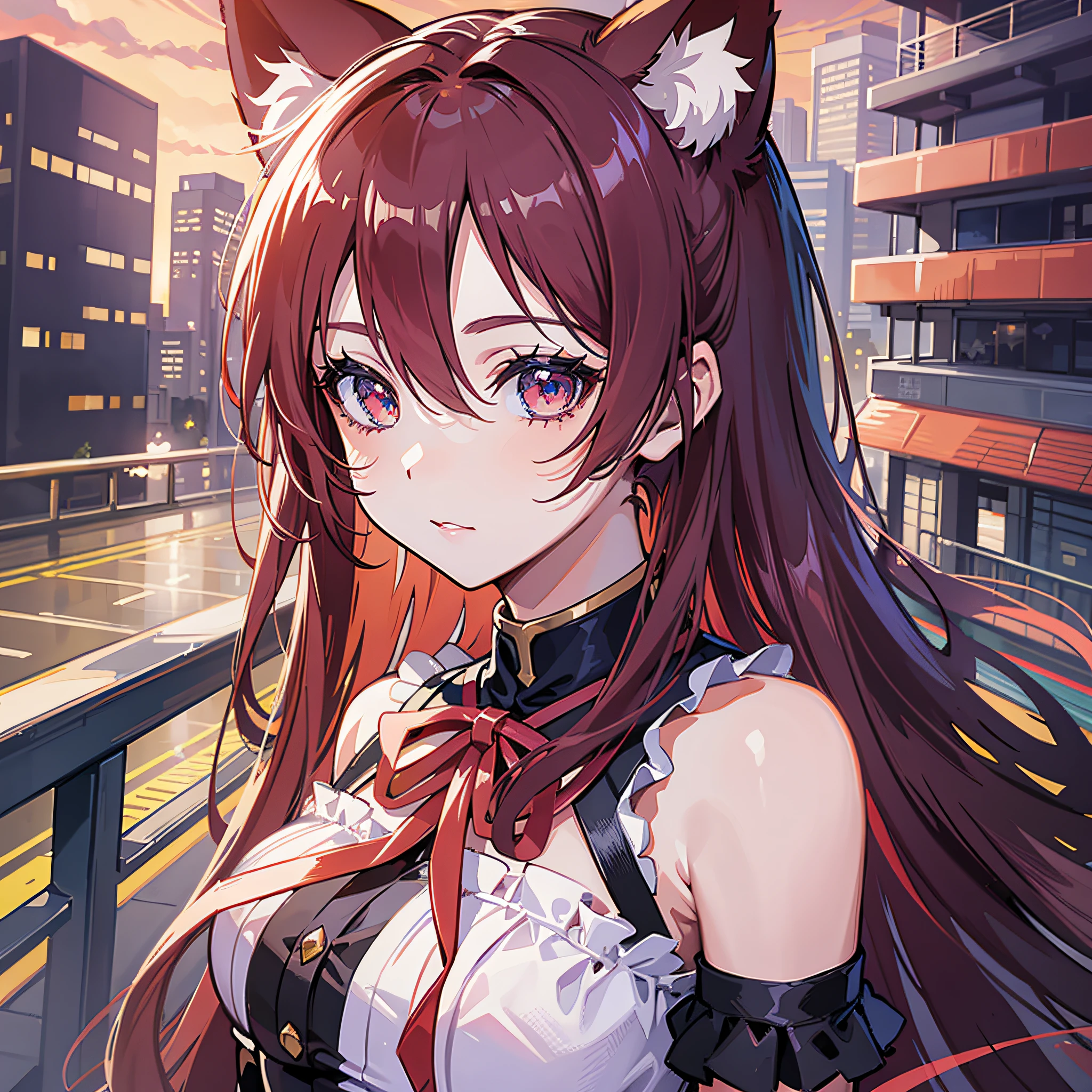 ((Best Quality, 8K)) Anime girl with long hair and cat ears standing in front of the city, Rin Tosaka, anime moe art style, anime style like Fate/stay night, anime girl with long hair, very cute anime girl face, nightcore, from the front line of girls, cute anime girl portrait, anime girl with cat ears, High quality anime art style, "beautiful anime woman", red little ribbon on head