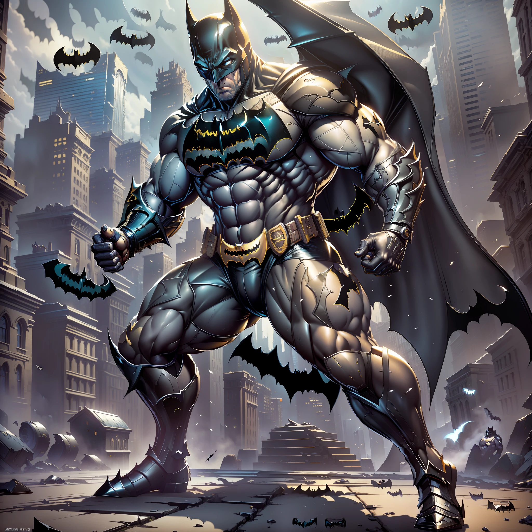 (Masterpiece, Superb Quality, Super Detail, High Resolution), Male Focus, (((Batman))), (((Muscular Man)))), (((Muscle Detail))), (((Batman Armor)))) Pose for Photo, City Ruins, Background Details, (((Full Body)), (((Batman Huge Sense))