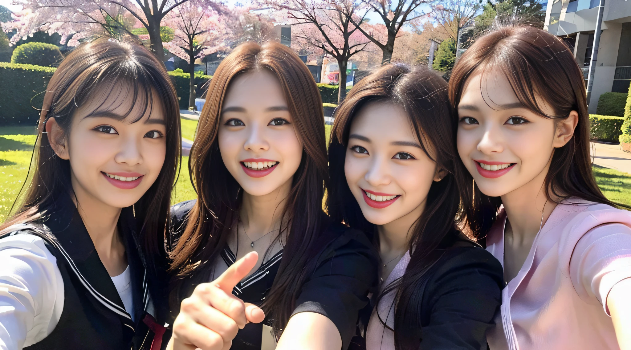 (8k, RAW photo, highest quality, masterpiece: 1.2), super detail, super resolution, (realistic, real photo: 1.37), (photorealistic: 1.6), portrait, high resolution RAW color photo, professional photo, very detailed and beautiful, real light (showing teeth and smiling), pointing at the camera (pointing here), beautiful view mixed with light, Cherry blossoms are dancing, cherry blossoms are dancing around the female proofreader, female proofreader is pointing her finger at this place, cute pose, playing in the park at night, moonlit night is beautiful. Super high image quality, 8k wallpaper, amazing cute smile, transcendent cute face, amazing details, red scarf, very detailed beautiful girls, different pattern face, one is a ponytail, modern cute schoolgirl, very detailed face very detailed eyes, very realistic skin, very detailed fingers, very detailed nose, very detailed mouth, perfect anatomy, very detailed sailor suit, very detailed background, After school. Smiling faces, fun spreads in the hallway, long straight hair, (dull bangs: 1.2), , schoolgirl youth Celebrity-level cuteness , (pink eye shadow)