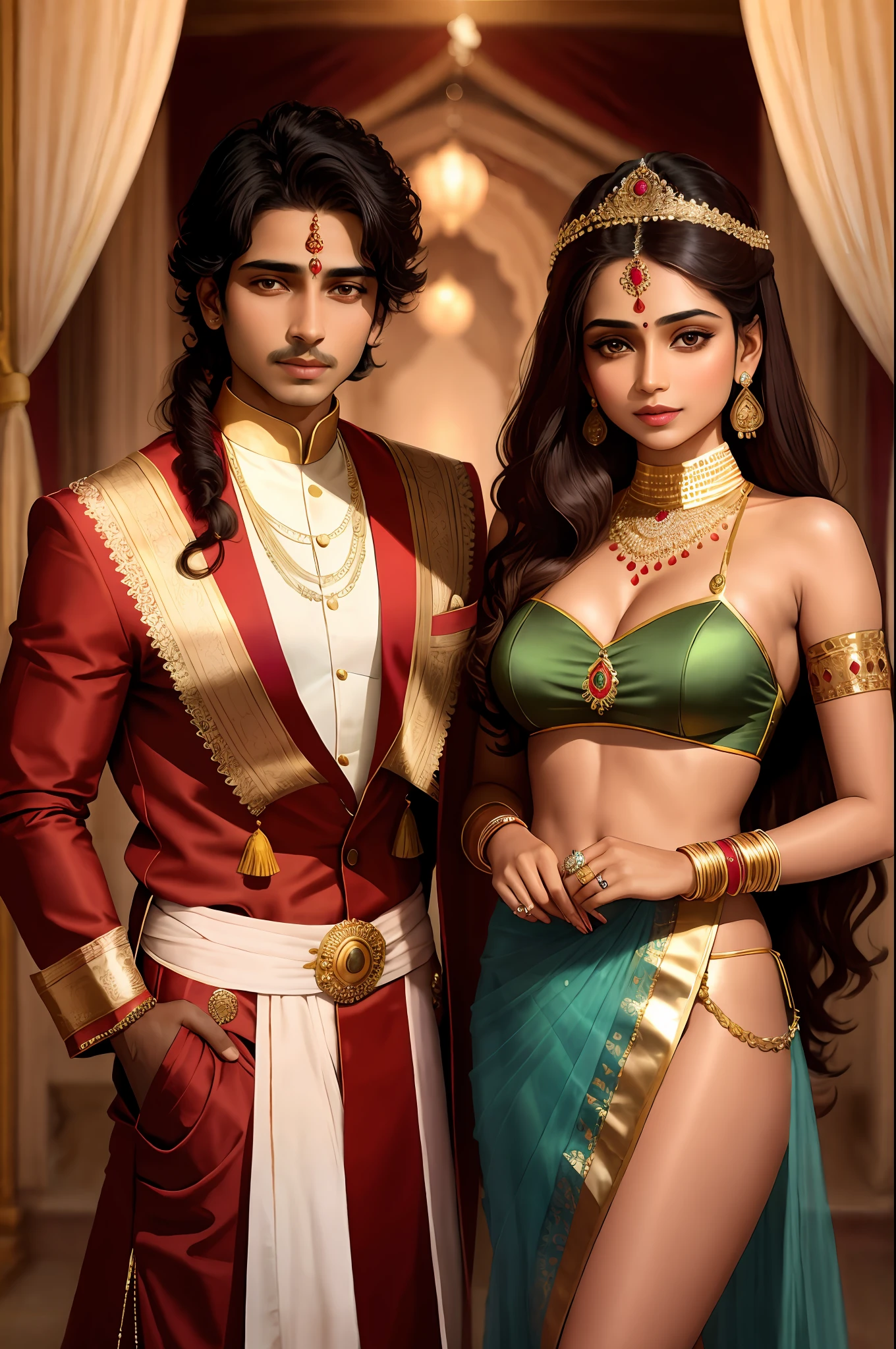 Indian princess and Prince wear jewellers. Prince touching Indian princess and posing in front of camera realistic body