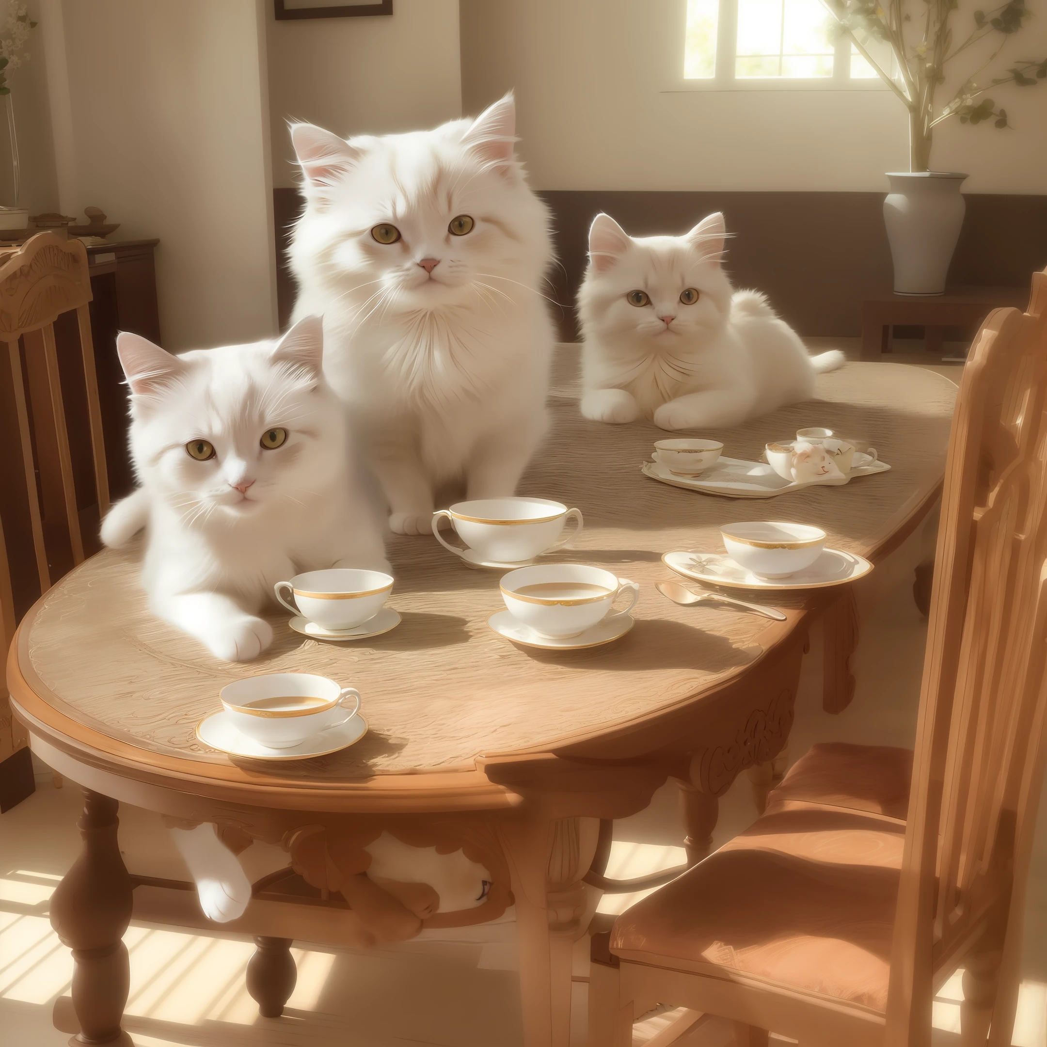 Cat, (Himalayan), (Small)))), in a teacup, Face, Front paws out, 8K, Professional photo, Delicate, Clear, On the table, Inside the house, Sunshine, Light Leak, Masterpiece, ((Pretty))), Fashionable Teacup, (Reality), Plush Toy, Round Pupils