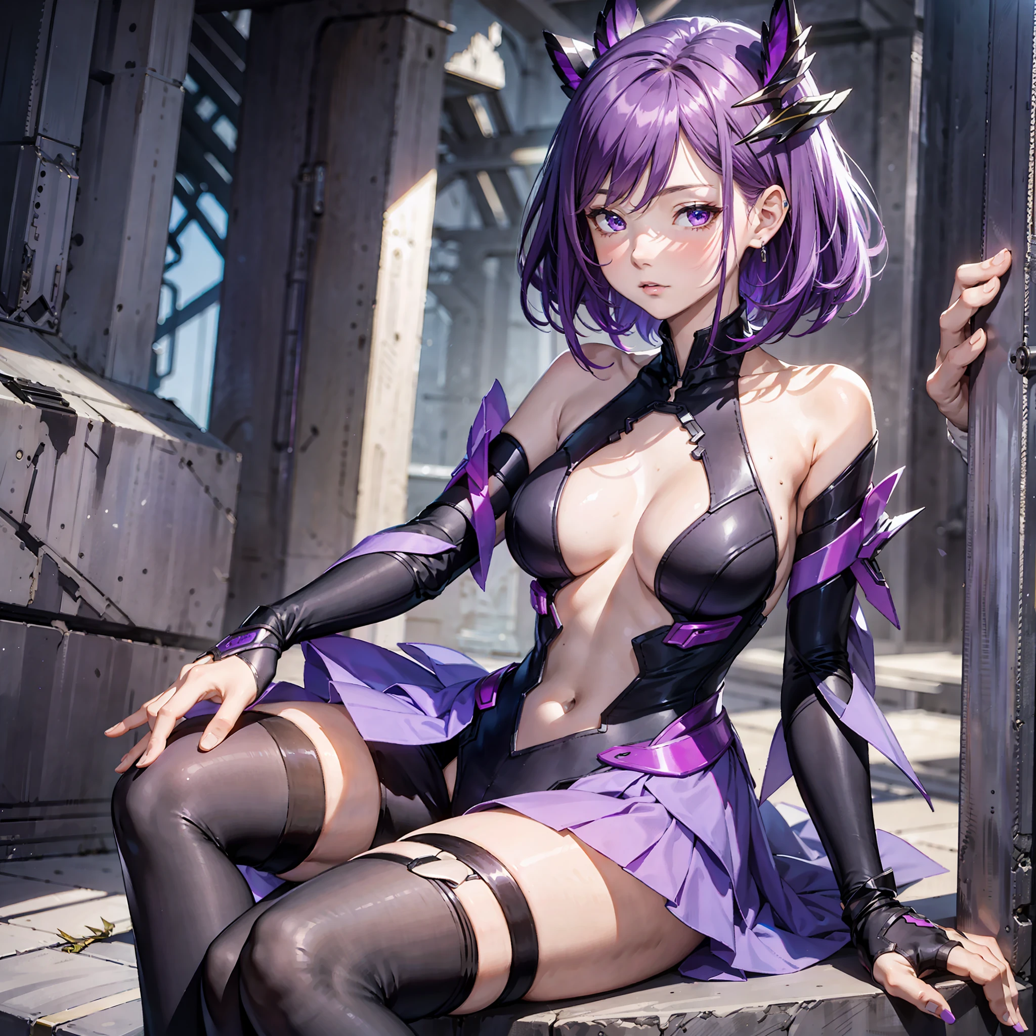 masterpiece, best quality, 1woman, adult, female focus, solo, short purple hair, vibrant purple eyes, looking at viewer, High quality metal texture, closed mouth, bangs, high collar,(kbxll:0.6), Fantasy aesthetics, Highly detailed, shadowverse style, full body, white dress