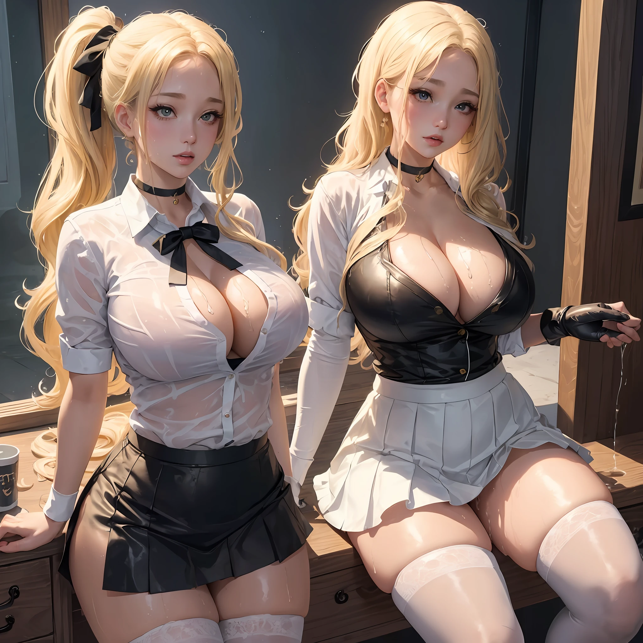 ((beautiful lighting)), blonde wavy side ponytail, tight stockings, so cute, huge breasts, thick thighs, school uniform, cleavage, NSFW, (((masterpiece)), ((best quality)), choker, wet with white liquid,