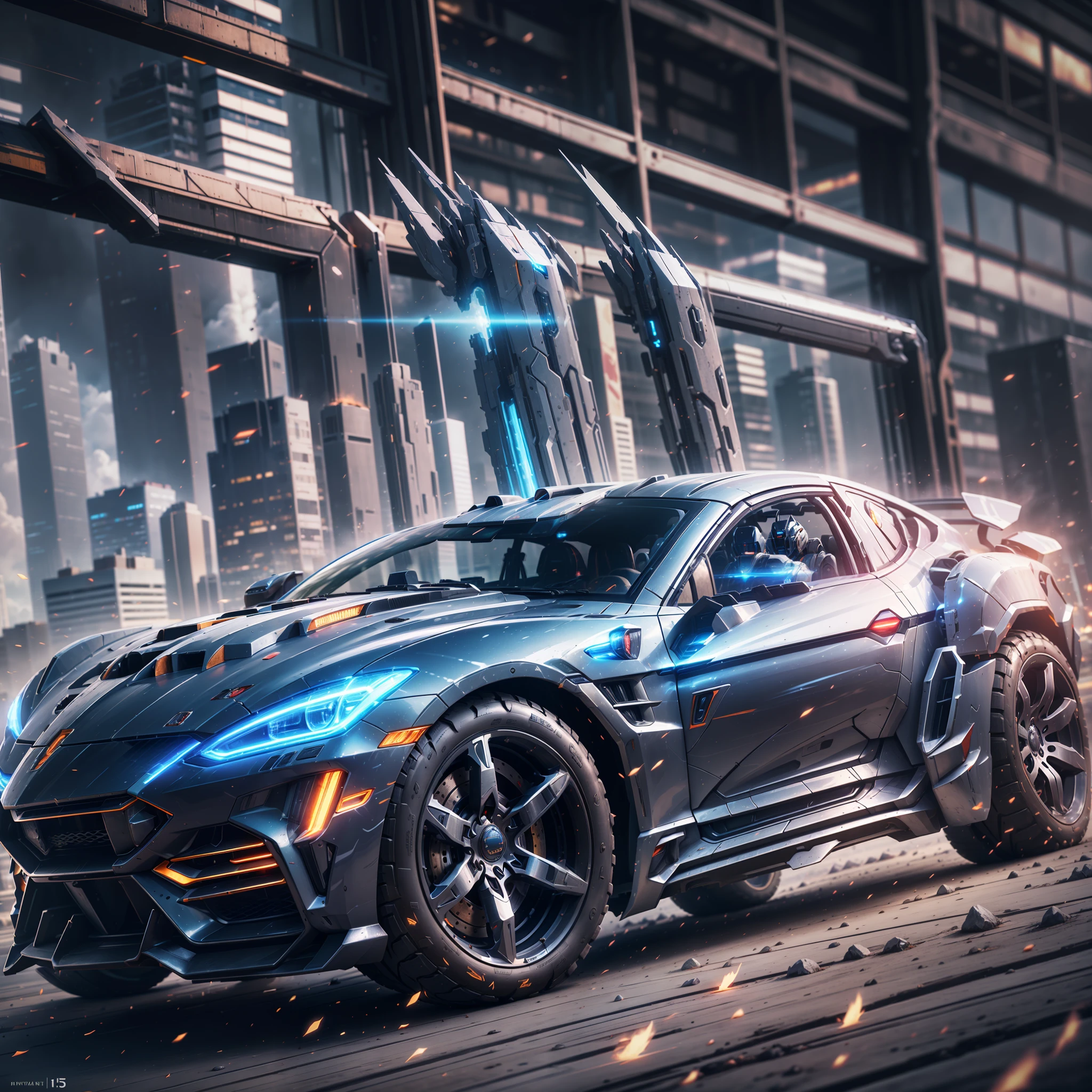 (a super mech sports car), a large amount of energy short barrel on the back, facing the camera, tall buildings, energy cannon fire, tall and mighty, solid armor, futuristic technology, sharp lines, dynamic shapes, mechanical joints, armor plates, sensors, energy weapons, blazing energy, shining light, explosion effect, smoke and dust, tense atmosphere, (octane rendering: 1.4), best quality, (highly realistic), (super detail: 1.5), C4D rendering, cinematic quality