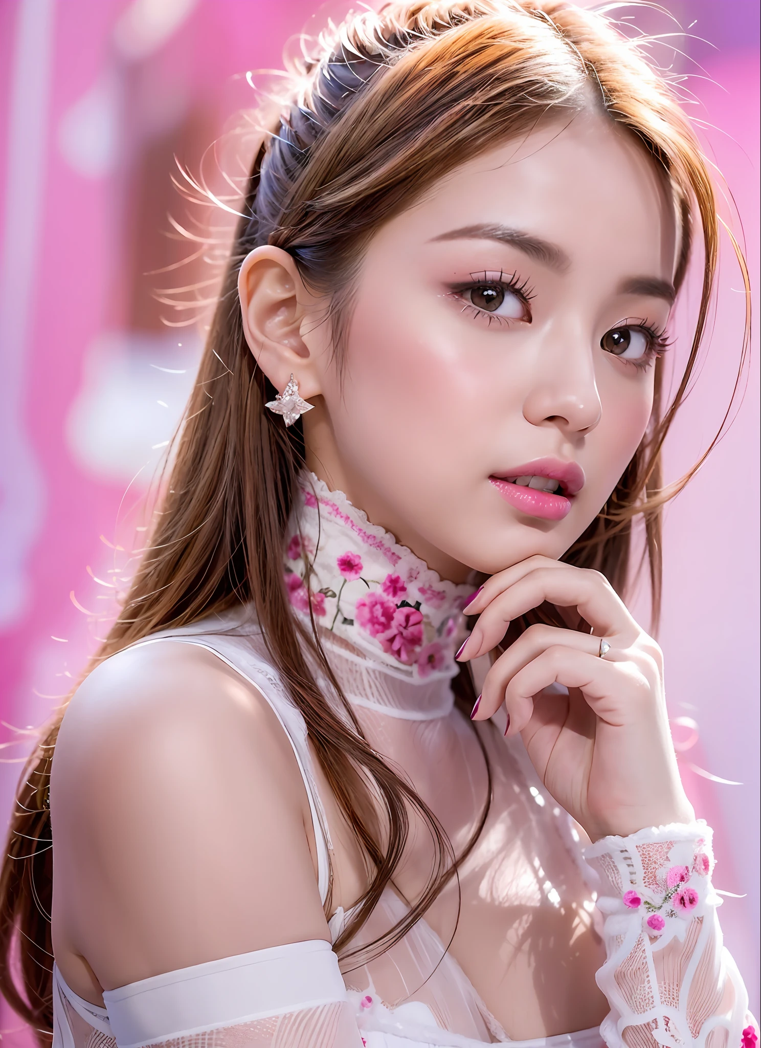 Generate high-quality images of women with prominent pink and white. She is dressed in a sophisticated fashion style and is dressed in elegant outfits with pink and white. The background is a landscape with abstract and fantastic elements, delicately spread with soft rays of light in pink and white and red accents. Her poses are graceful and give a feeling of natural movement and expressiveness. The effects of light and shadow are skillfully presented, and the faces and expressions are charmingly depicted in the smallest detail of the pink, white and red costumes and accessories. The overall atmosphere is modern, yet has its own artistic touch, and the pink, white and red color palette gives it a glitz and vibrancy. The pink and white tones of this image are beautifully projected, evoking visual stimulation and aesthetic sensations, and will excite and surprise the viewer. Depending on her designation as Japan or Korean, each work will also express its characteristics.