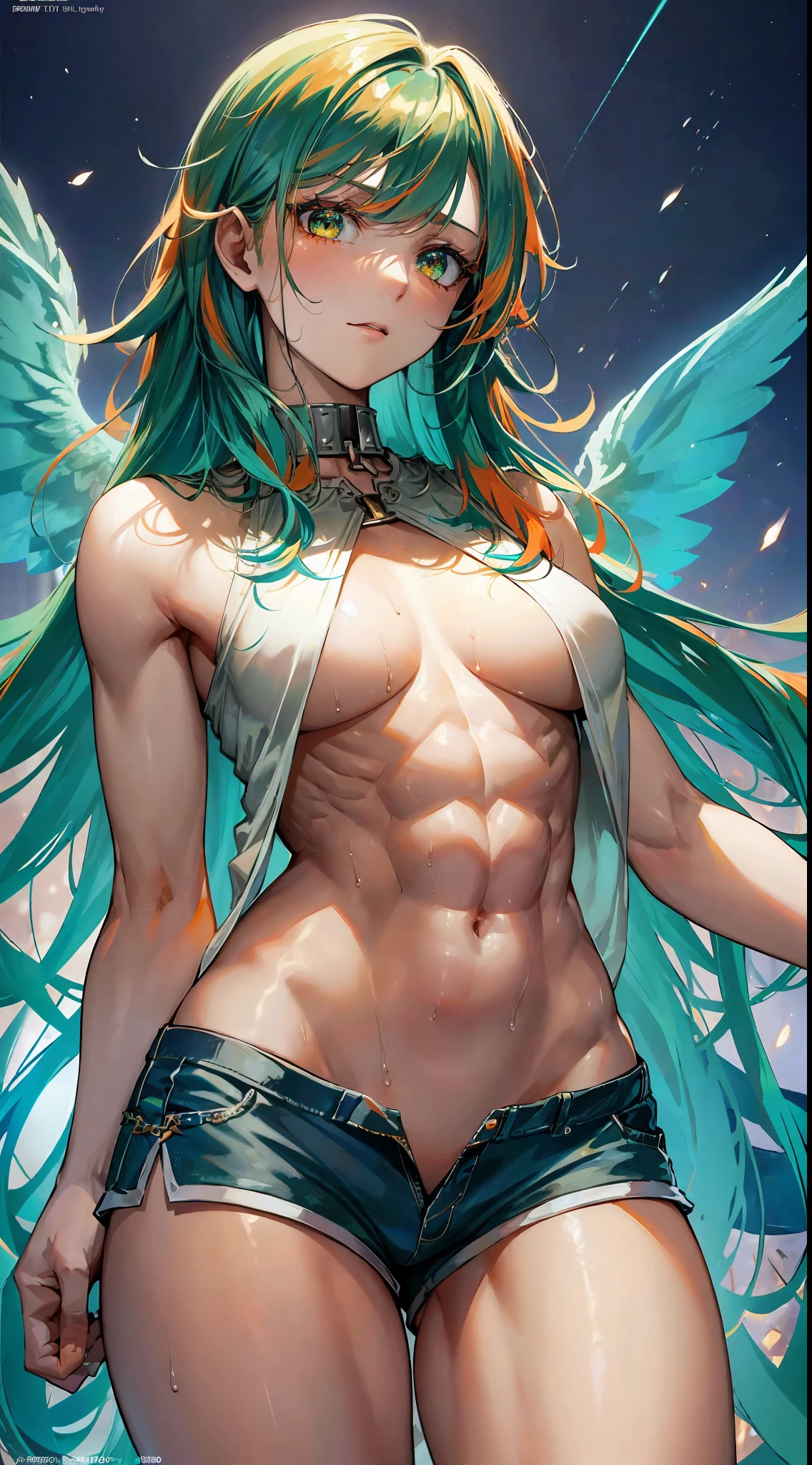 ((ultra-detailed)),(best illumination, best shadow, an extremely delicate and beautiful),(extremely detailed CG unity 8k wallpaper,masterpiece, best quality, ultra-detailed),(best illumination, best shadow, an extremely delicate and beautiful),floating, [(dynamic angle,((1girl)):1.2,(blue:1.3+green+orange) scales:1.2+fire:1.3),(long blue hair:1.2+long green hair+long orange hair:1.3),red eyes,dynamic pose,(wings),scaly white armor,sharp claws,snarling,aggressive look):0.75], ((medium chest, tomboy, small head)), (cut abs: 1.1), (perfect body: 1.1), (short wavy hair: 1.2), auburn hair, collar, chain, full body, workout , sweat,((shorts)), (extremely detailed CG 8k wallpaper), (extremely delicate and beautiful), (masterpiece), (best quality: 1.0), (ultra high resolution: 1.0), beautiful lighting, perfect lightning, realistic shadows, [high resolution], detailed skin, super detailed (((colorful)))