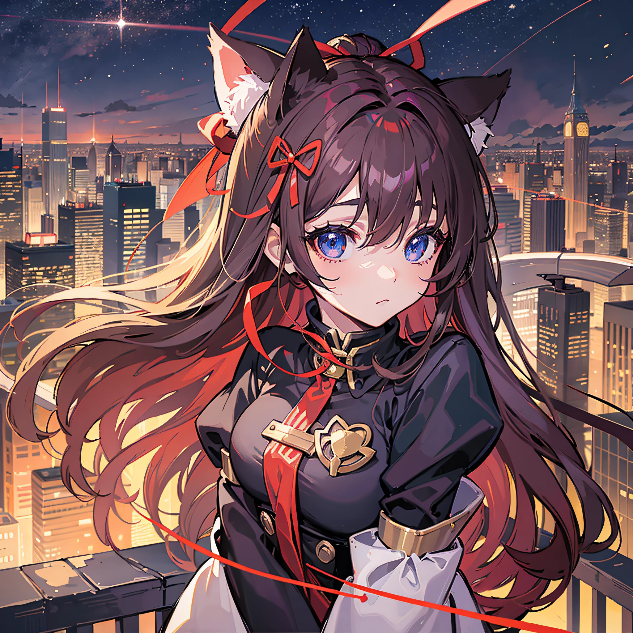 ((Best Quality, 8K)) Anime girl with long hair and cat ears standing in front of the city, Rin Tosaka, anime moe art style, anime style like Fate/stay night, anime girl with long hair, very cute anime girl face, nightcore, from the front line of girls, cute anime girl portrait, anime girl with cat ears, High quality anime art style, "beautiful anime woman", red little ribbon on head