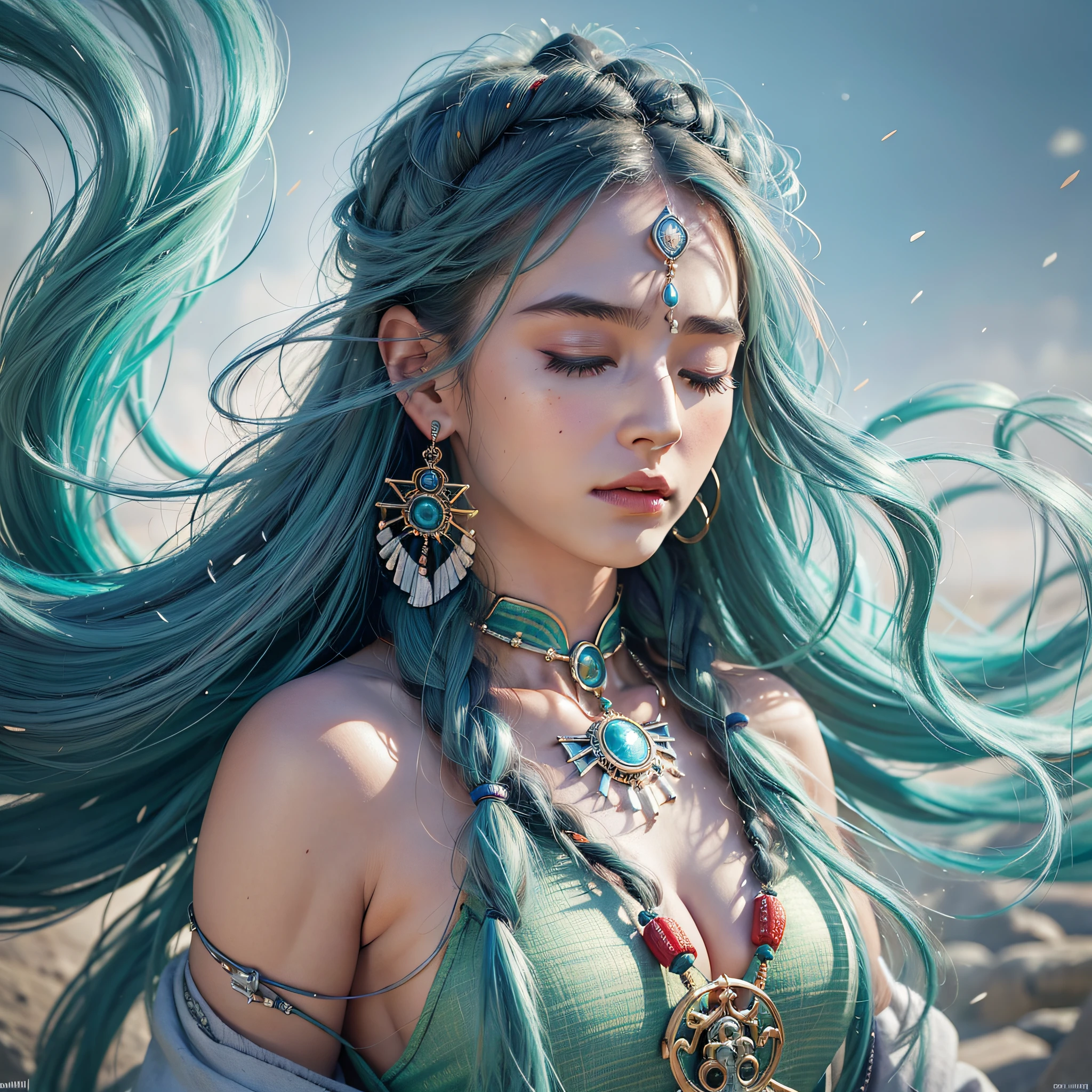 (full portrait), (half shot), solo, detailed background, detailed face, (stonepunkAI, stone theme:1.1), wise, (female), (native american), (beautiful hair, braids:0.2), shaman, septum piercing, mystical, (gorgeous face), head tilted upwards, (eyes closed, serene expression), calm, meditating, Seafoam Green frayed clothes, prayer beads, tribal jewelry, feathers in hair, jade, obsidian, detailed clothing, realistic skin texture, (floating particles, water swirling, embers, ritual, whirlwind, wind:1.2), sharp focus, volumetric lighting, good highlights, good shading, subsurface scattering, intricate, highly detailed, ((cinematic)), dramatic, (highest quality, award winning, masterpiece:1.5), (photorealistic:1.5), (intricate symmetrical warpaint), --auto --s2