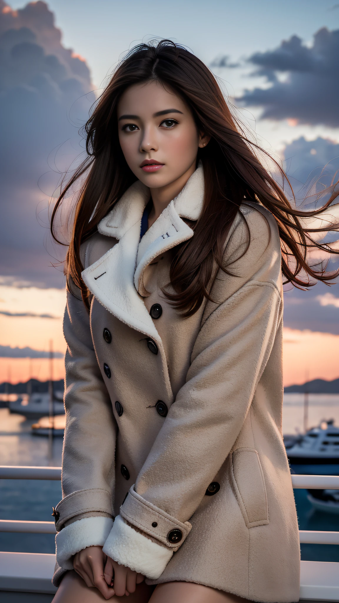 Top Quality, Masterpiece, Ultra High Resolution, (Photorealistic: 1.4), Raw Photo, Single Girl, Brown Dark Hair, Yacht Harbor, Dramatic Lighting, Above Knee Portrait,, Cotton Sky Blue Coat