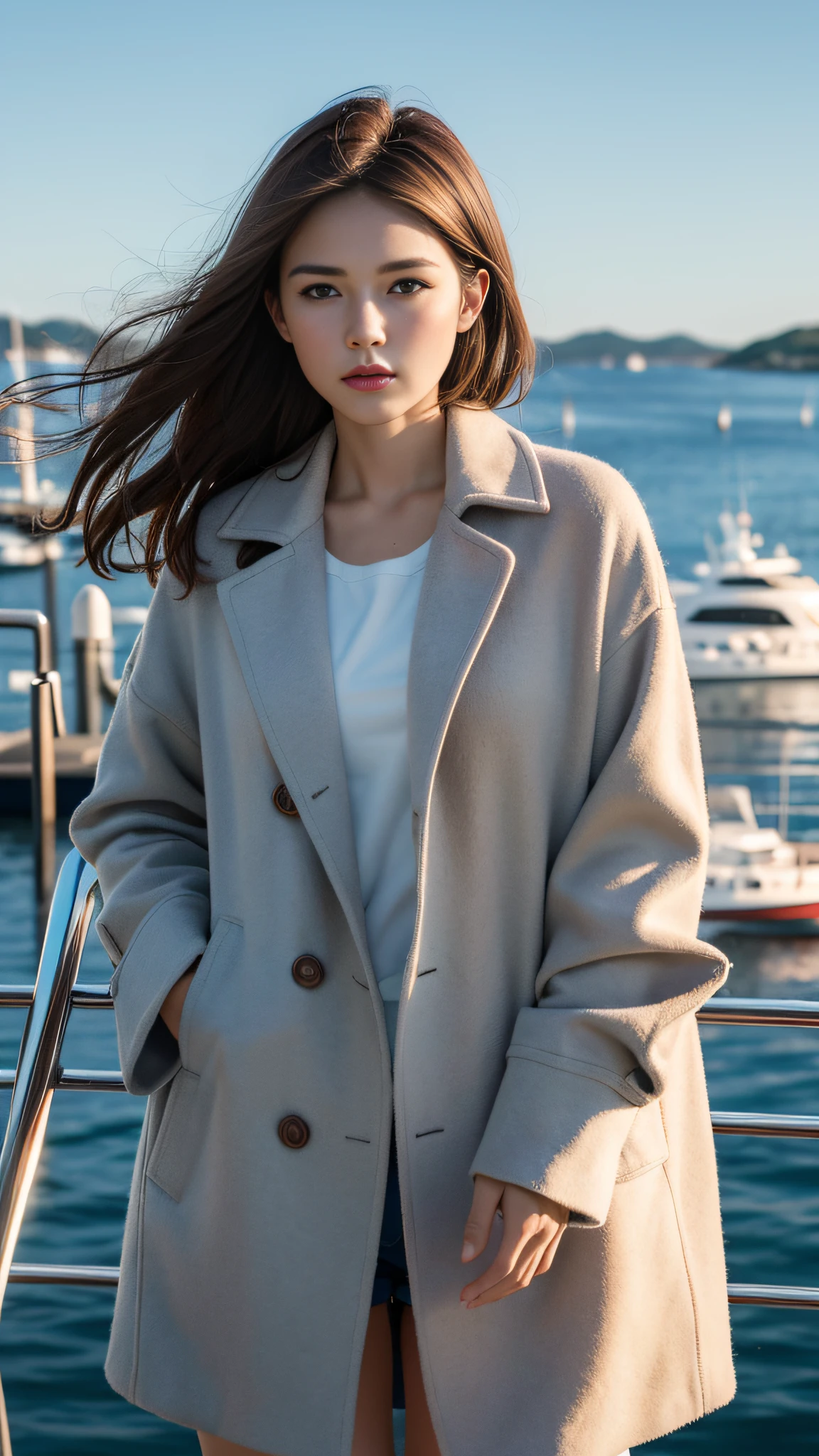 Top Quality, Masterpiece, Ultra High Resolution, (Photorealistic: 1.4), Raw Photo, Single Girl, Brown Dark Hair, Yacht Harbor, Dramatic Lighting, Above Knee Portrait,, Cotton Sky Blue Coat